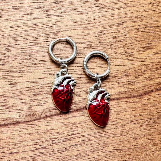Anatomical Heart Earrings, Huggie Hoops, Galentines Day Earrings, Industrial Jewelry, Gothic Earrings Men, Valentines Gift For Her Jewelry