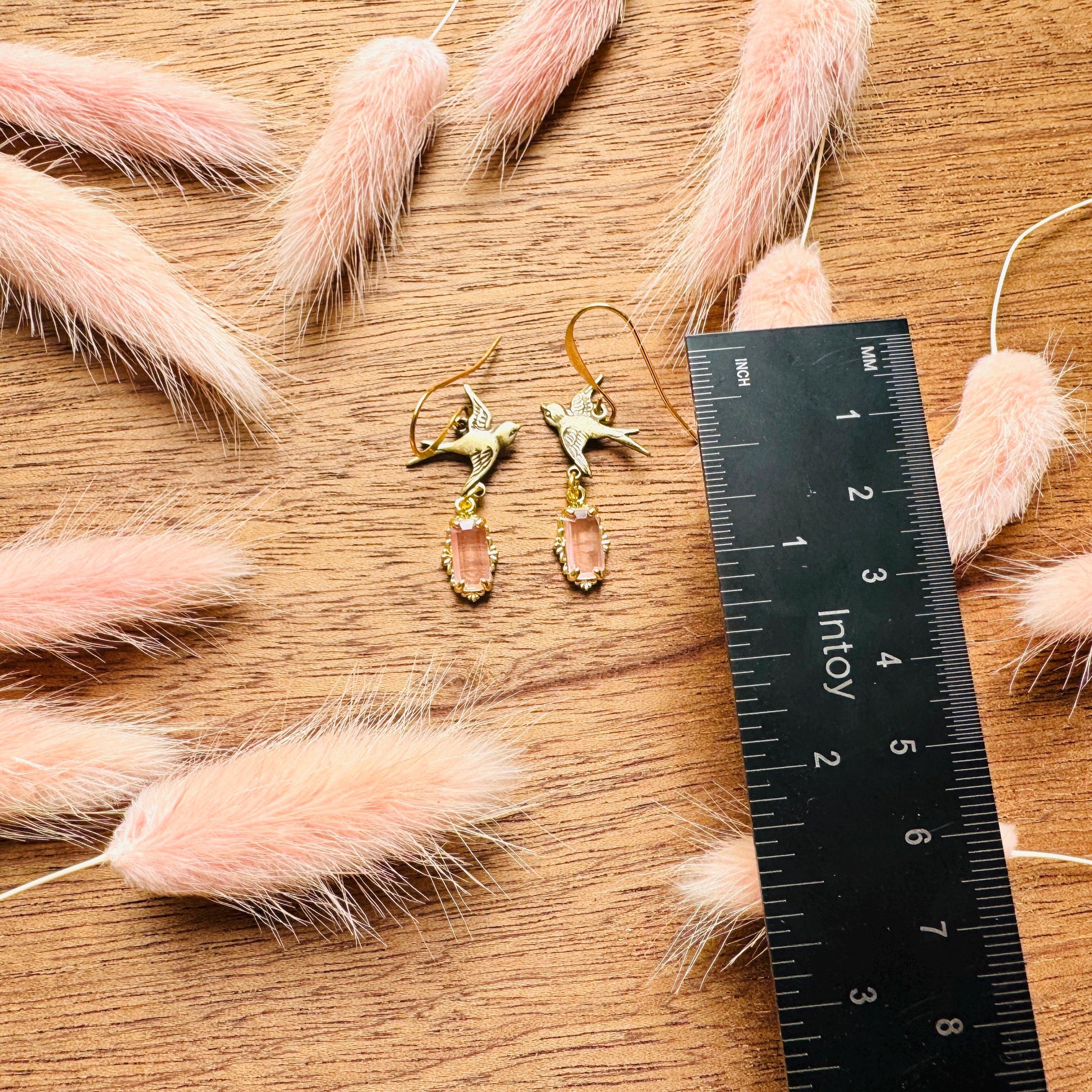 Bird Earrings, Flower Jewelry, Pink Earrings, Fairycore Jewelry Gold, Bridal Jewelry, Boho Chic Earrings, Galentines Gift for Friends