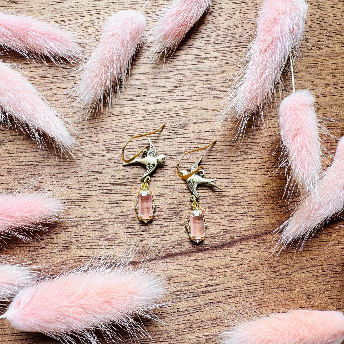 Bird Earrings, Flower Jewelry, Pink Earrings, Fairycore Jewelry Gold, Bridal Jewelry, Boho Chic Earrings, Galentines Gift for Friends