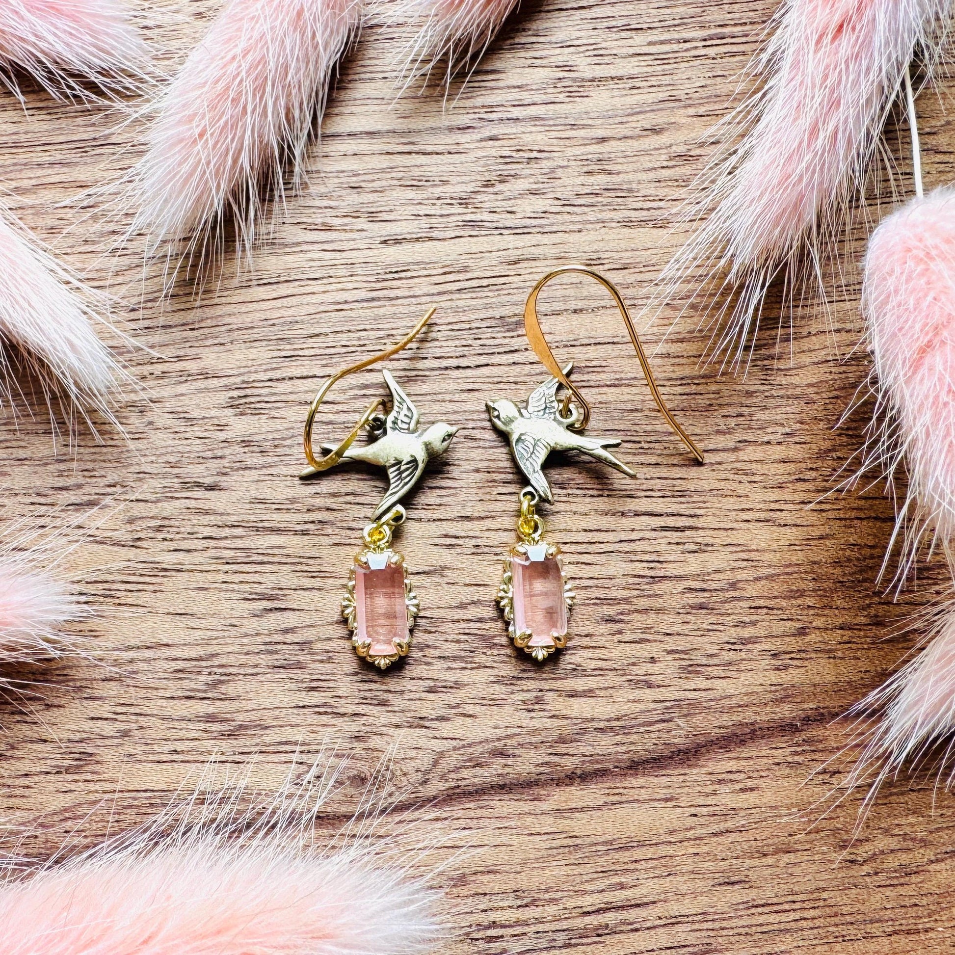 Bird Earrings, Flower Jewelry, Pink Earrings, Fairycore Jewelry Gold, Bridal Jewelry, Boho Chic Earrings, Galentines Gift for Friends
