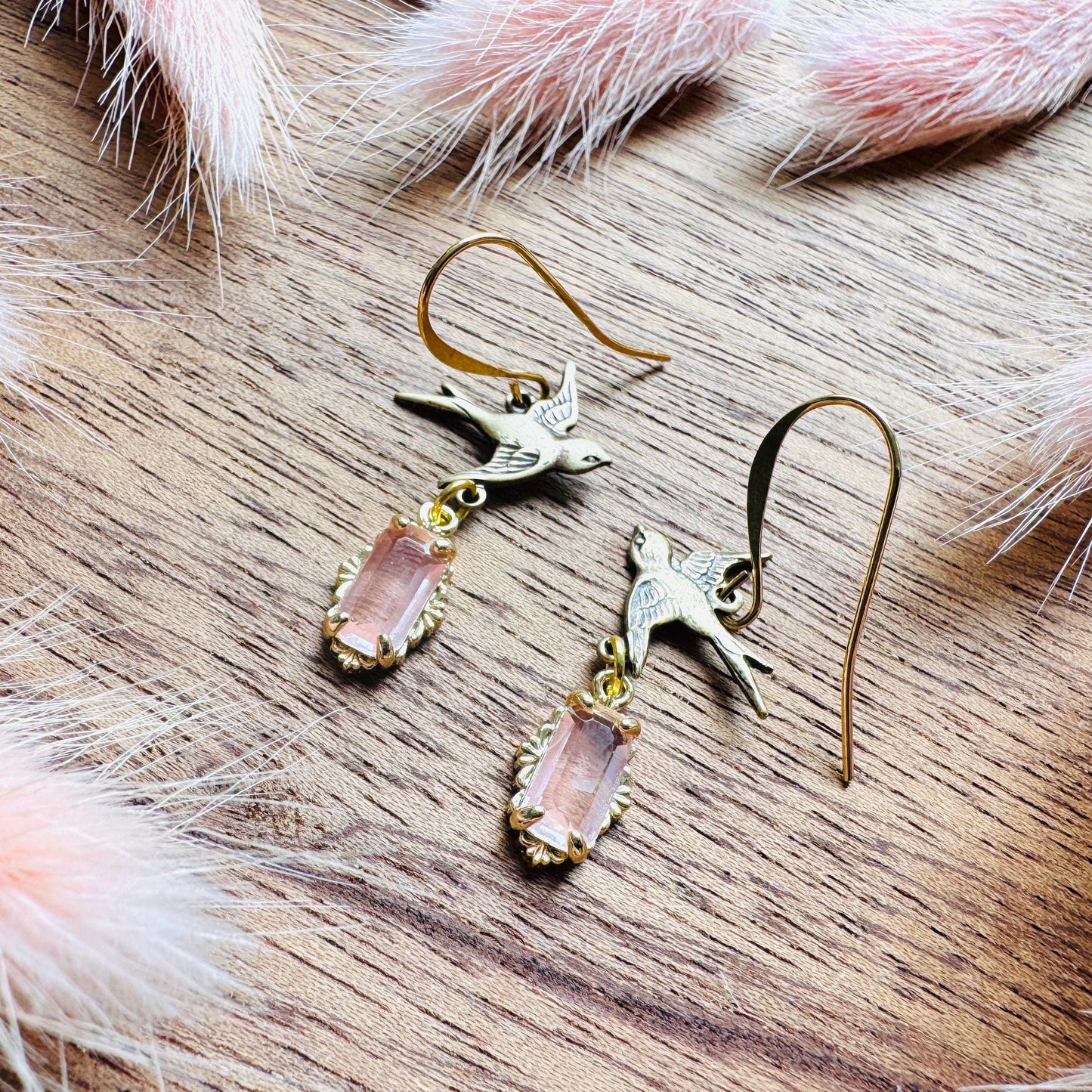 Bird Earrings, Flower Jewelry, Pink Earrings, Fairycore Jewelry Gold, Bridal Jewelry, Boho Chic Earrings, Galentines Gift for Friends
