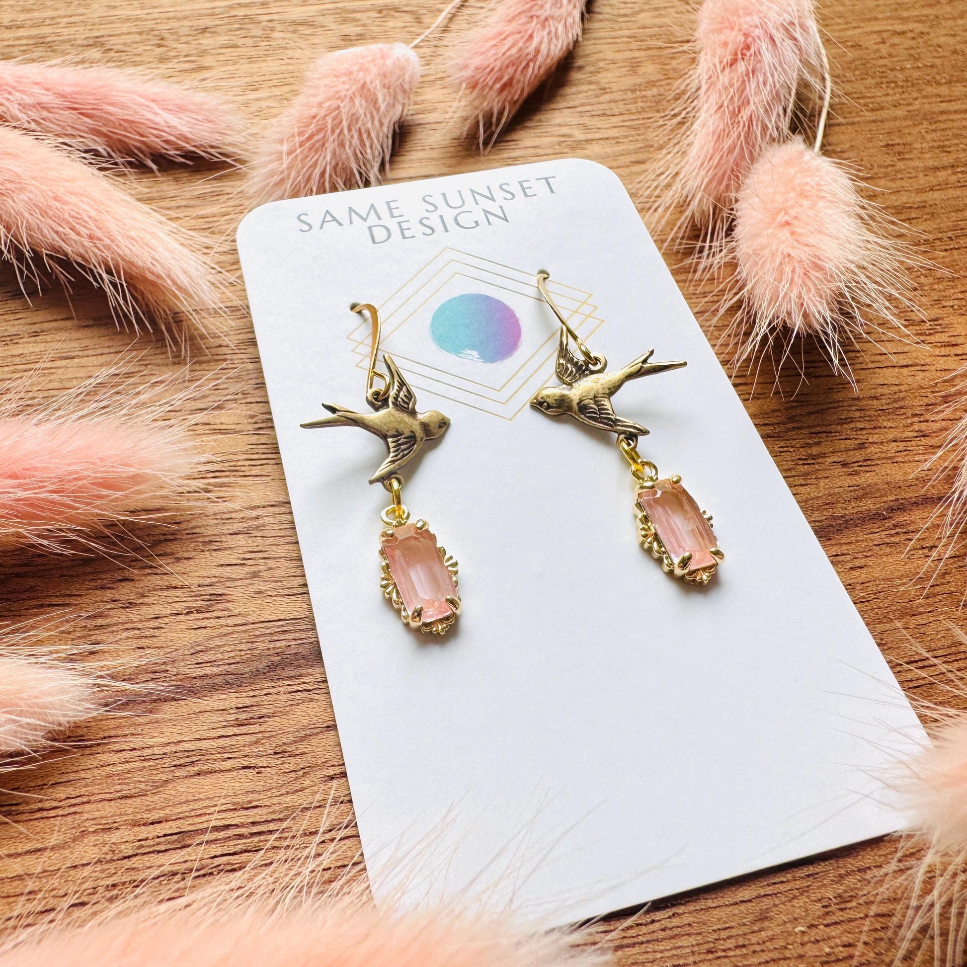 Bird Earrings, Flower Jewelry, Pink Earrings, Fairycore Jewelry Gold, Bridal Jewelry, Boho Chic Earrings, Galentines Gift for Friends