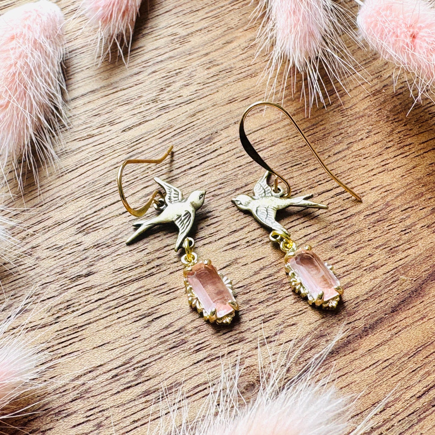 Bird Earrings, Flower Jewelry, Pink Earrings, Fairycore Jewelry Gold, Bridal Jewelry, Boho Chic Earrings, Galentines Gift for Friends