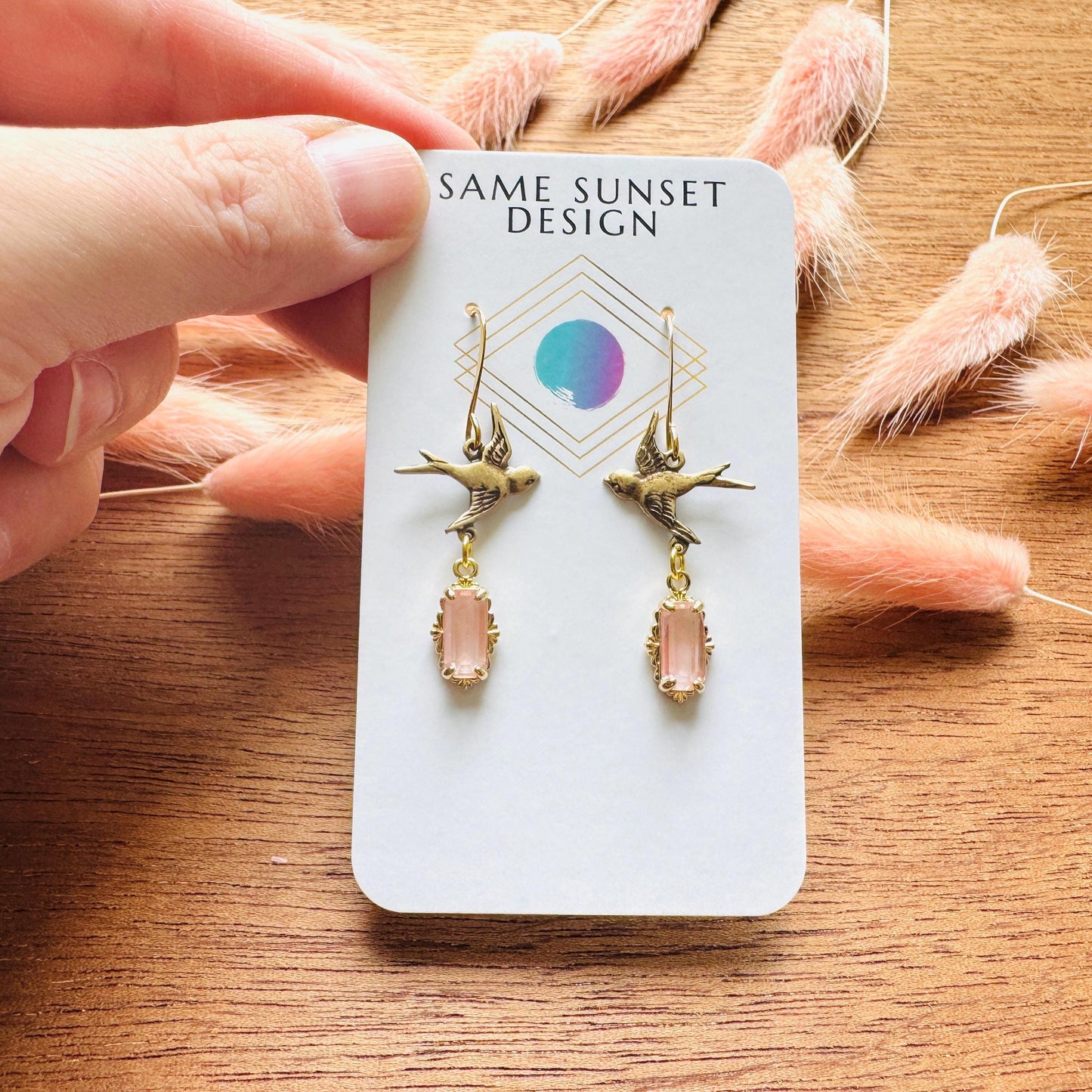Bird Earrings, Flower Jewelry, Pink Earrings, Fairycore Jewelry Gold, Bridal Jewelry, Boho Chic Earrings, Galentines Gift for Friends