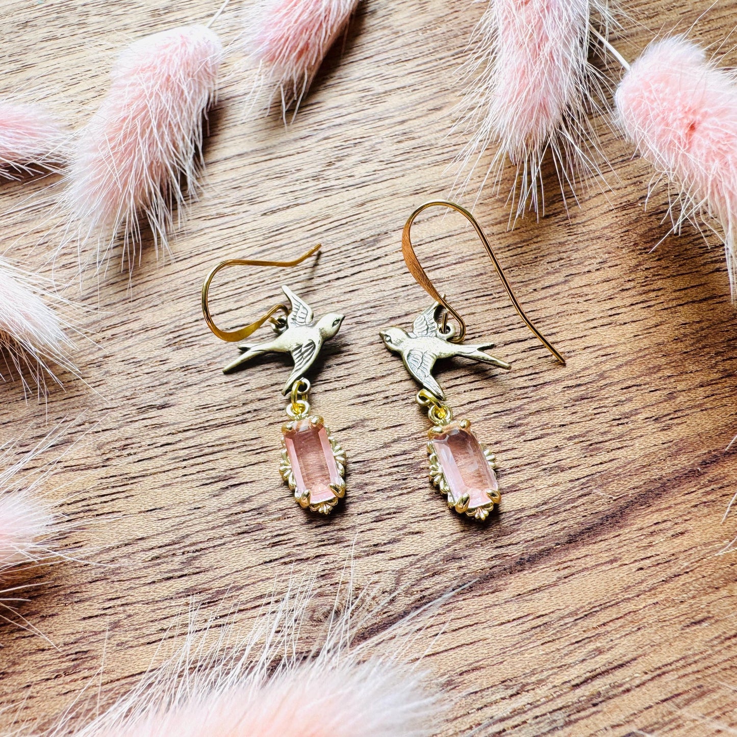 Bird Earrings, Flower Jewelry, Pink Earrings, Fairycore Jewelry Gold, Bridal Jewelry, Boho Chic Earrings, Galentines Gift for Friends