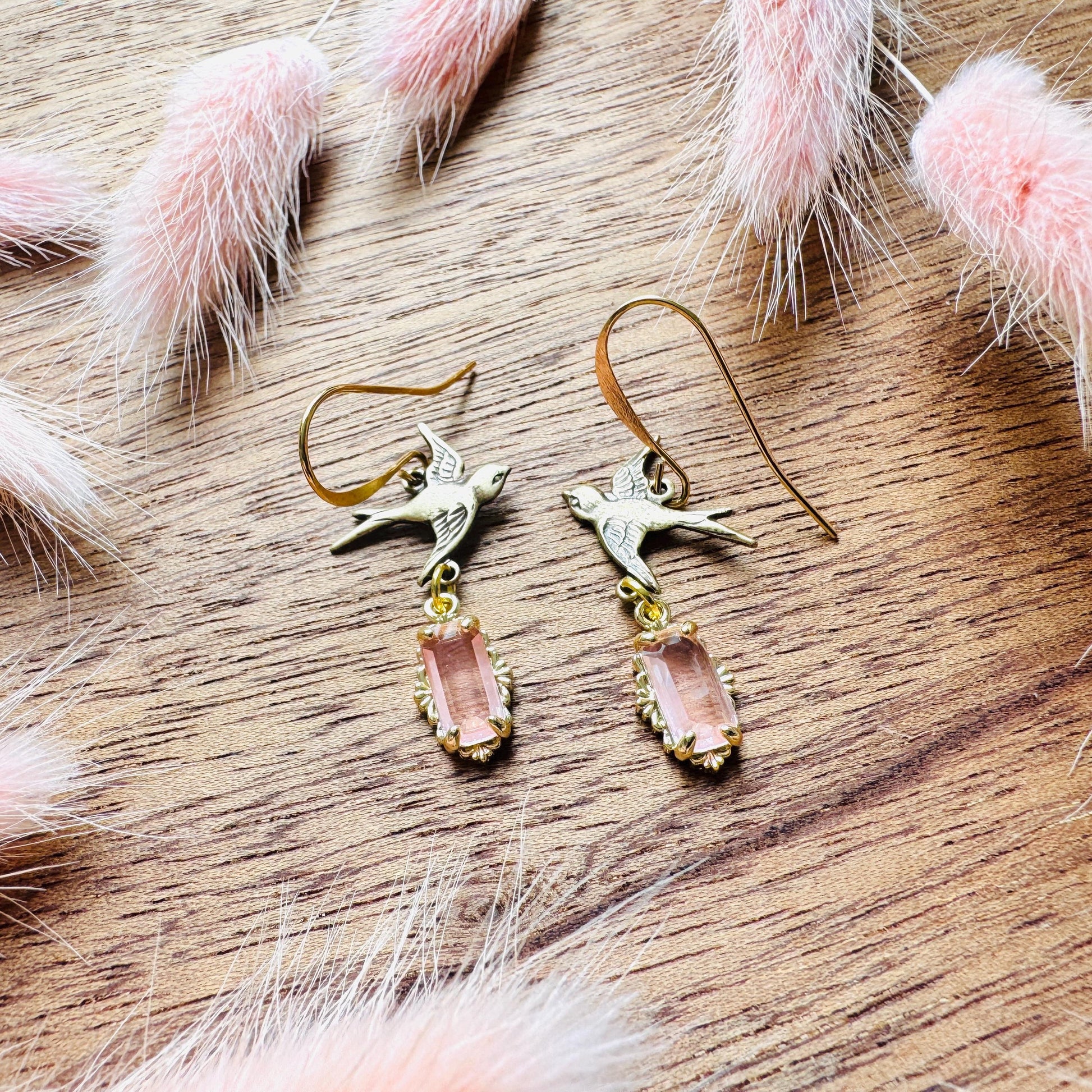 Bird Earrings, Flower Jewelry, Pink Earrings, Fairycore Jewelry Gold, Bridal Jewelry, Boho Chic Earrings, Galentines Gift for Friends
