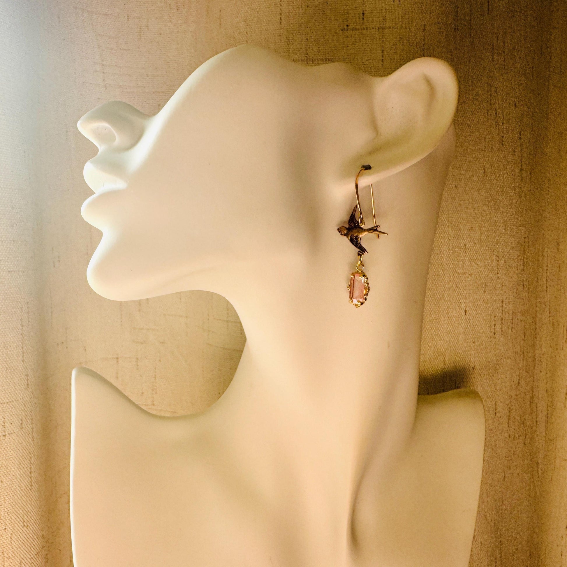 Bird Earrings, Flower Jewelry, Pink Earrings, Fairycore Jewelry Gold, Bridal Jewelry, Boho Chic Earrings, Galentines Gift for Friends