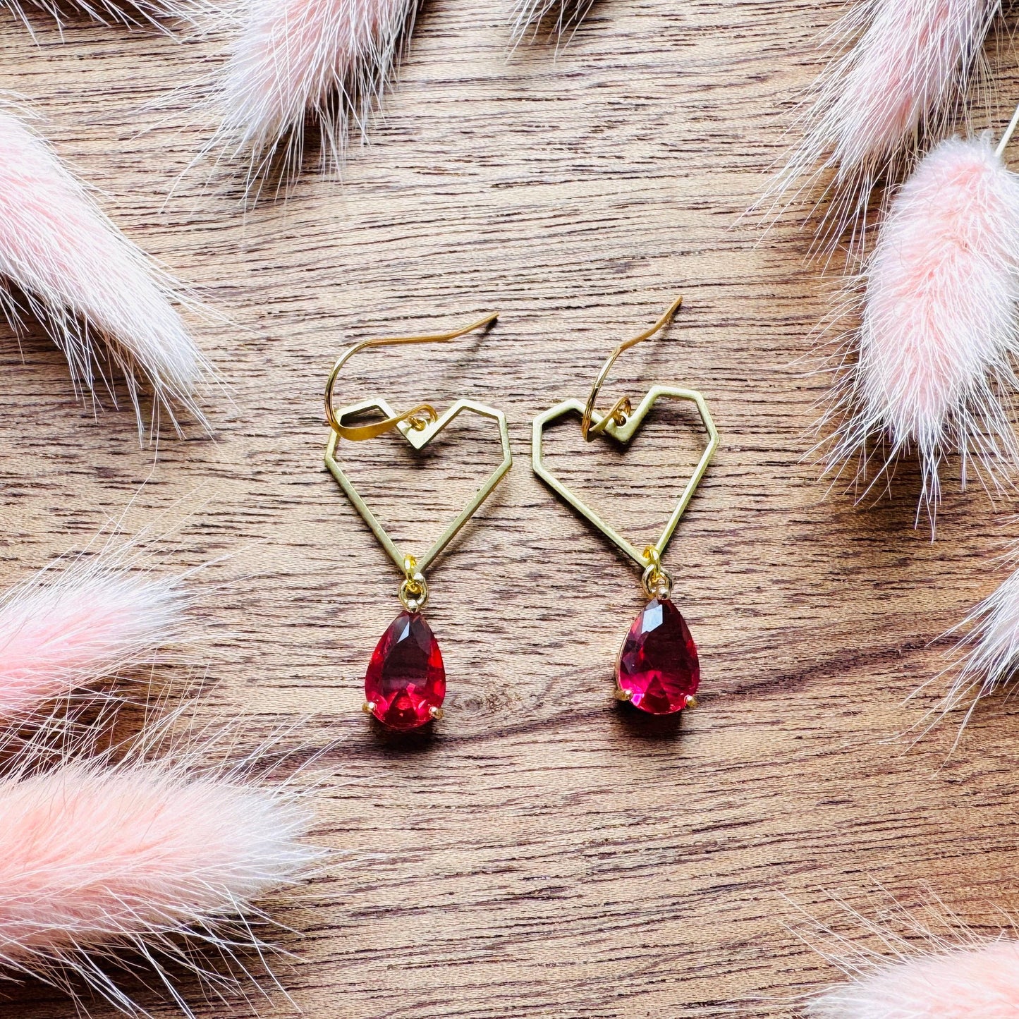 Heart Earrings Gold, Red Earrings, Fairycore, Boho Chic Earrings, Brass Dangle Earrings, Tween Jewelry, Best Friend Valentine’s Day Gift