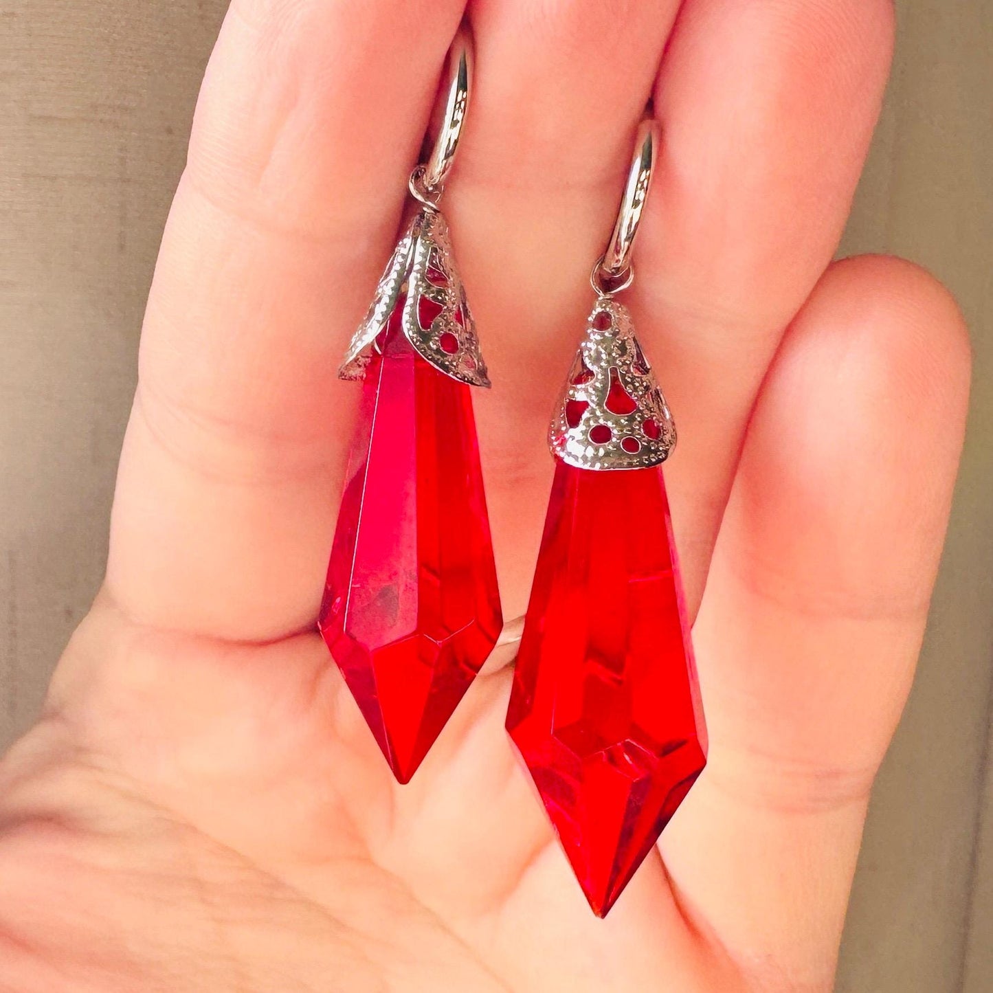 Glass Crystal Earrings, Red Earrings, Huggie Hoops, Boho Chic Earrings, Stainless Steel, Valentines Day Gift, Love Gifts for Daughter