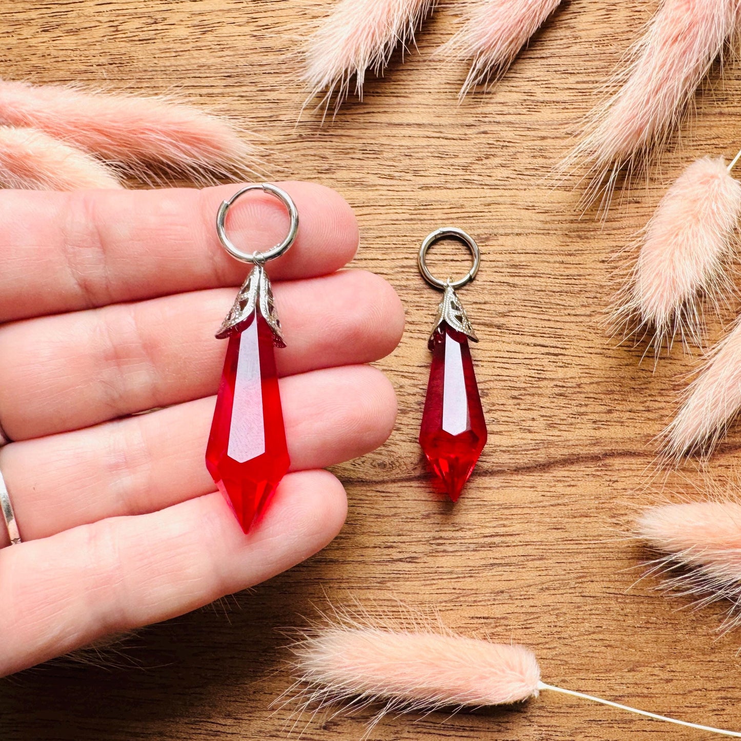 Glass Crystal Earrings, Red Earrings, Huggie Hoops, Boho Chic Earrings, Stainless Steel, Valentines Day Gift, Love Gifts for Daughter