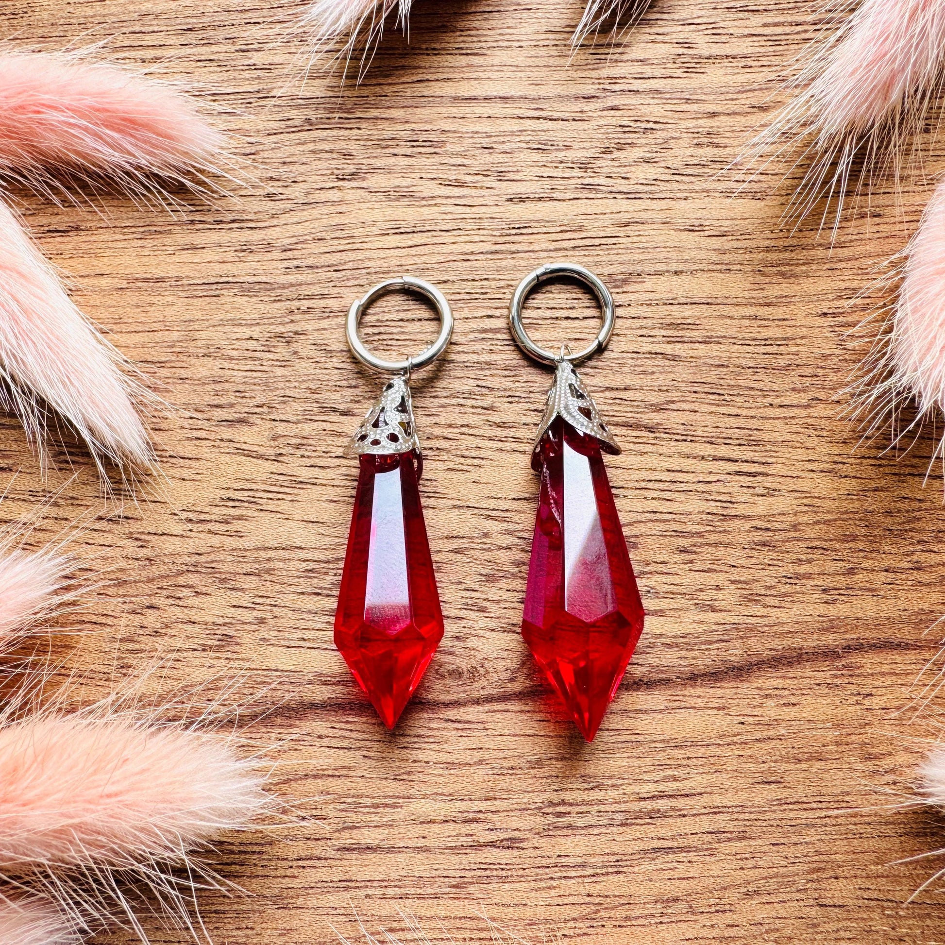 Glass Crystal Earrings, Red Earrings, Huggie Hoops, Boho Chic Earrings, Stainless Steel, Valentines Day Gift, Love Gifts for Daughter