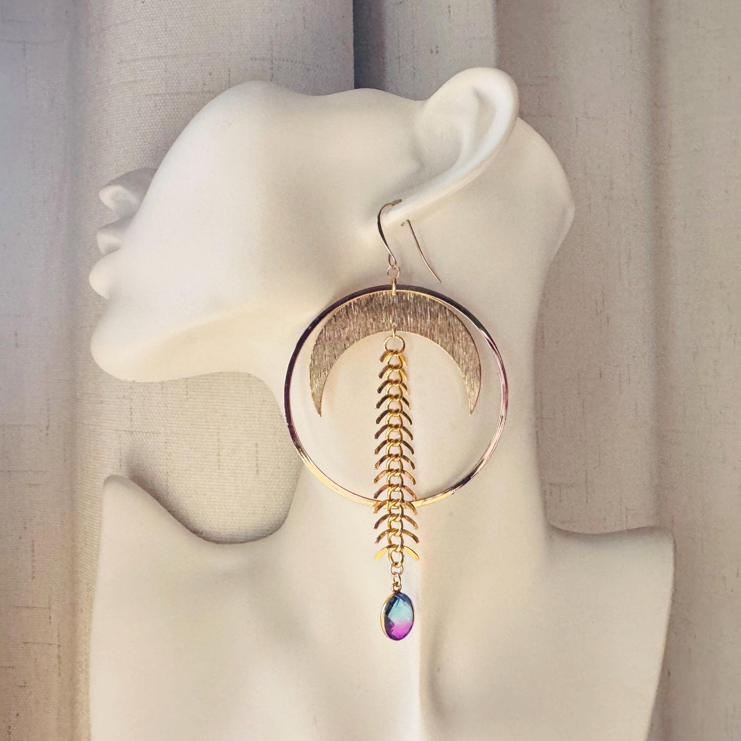Brass Moon Earrings, Quartz Earrings, Big Hoops, Witchy Earrings, Gold Hoop Earrings for Women, Boho Chic Earrings, Witchy Gifts for Her