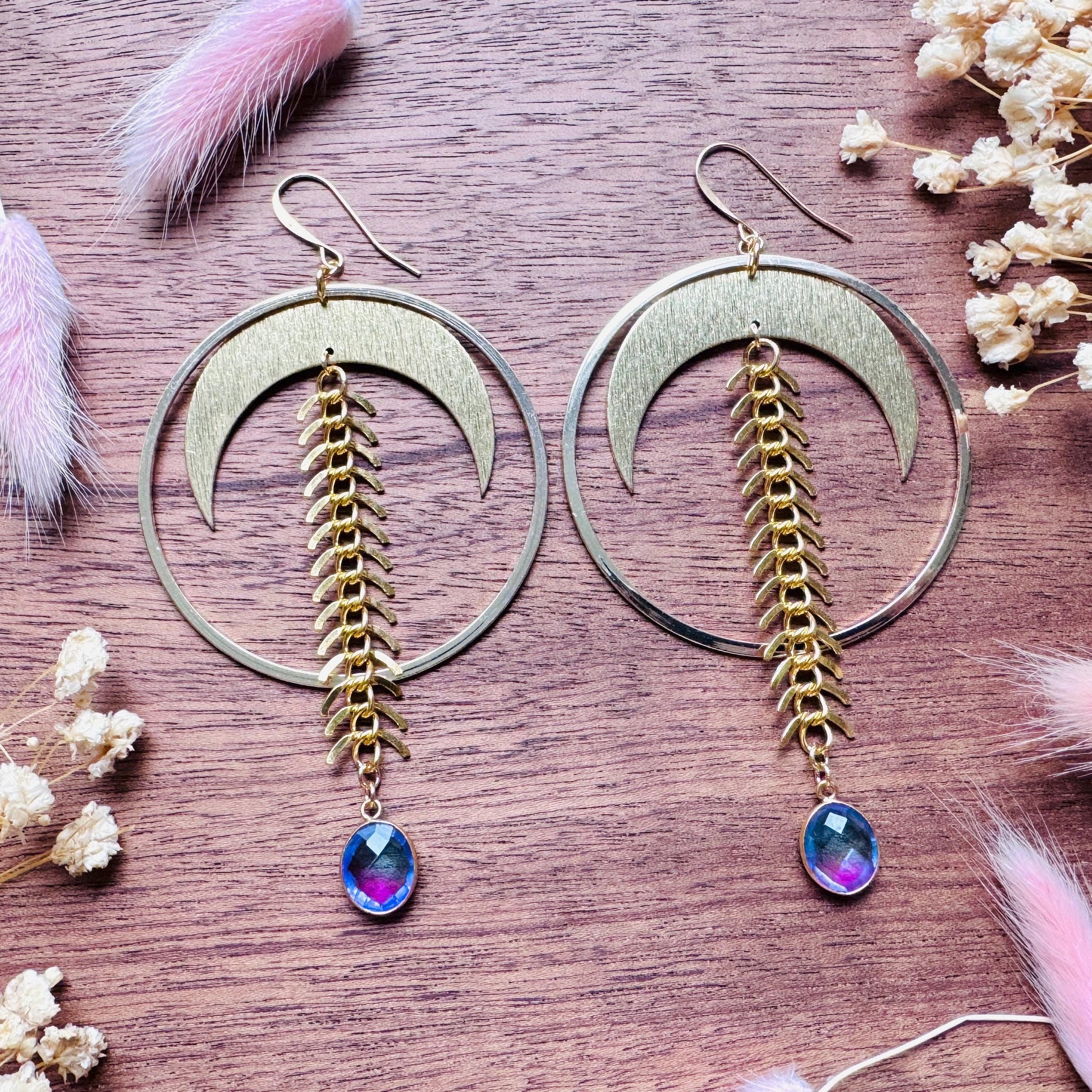 Brass Moon Earrings, Quartz Earrings, Big Hoops, Witchy Earrings, Gold Hoop Earrings for Women, Boho Chic Earrings, Witchy Gifts for Her