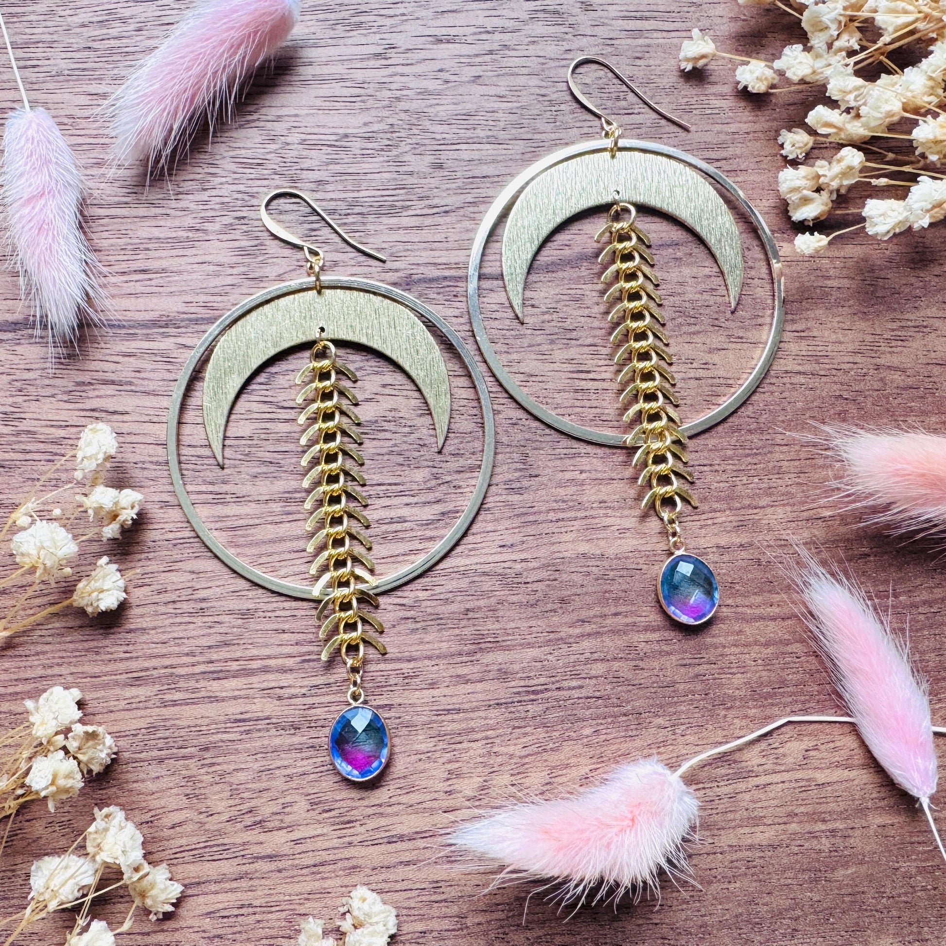 Brass Moon Earrings, Quartz Earrings, Big Hoops, Witchy Earrings, Gold Hoop Earrings for Women, Boho Chic Earrings, Witchy Gifts for Her