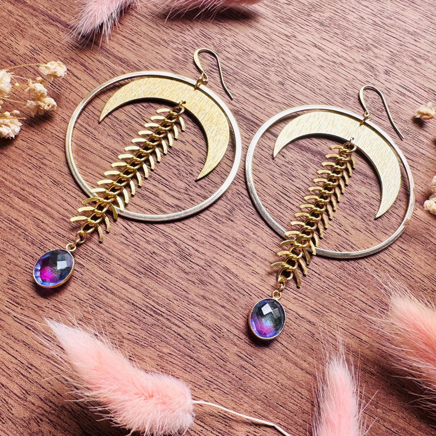 Brass Moon Earrings, Quartz Earrings, Big Hoops, Witchy Earrings, Gold Hoop Earrings for Women, Boho Chic Earrings, Witchy Gifts for Her