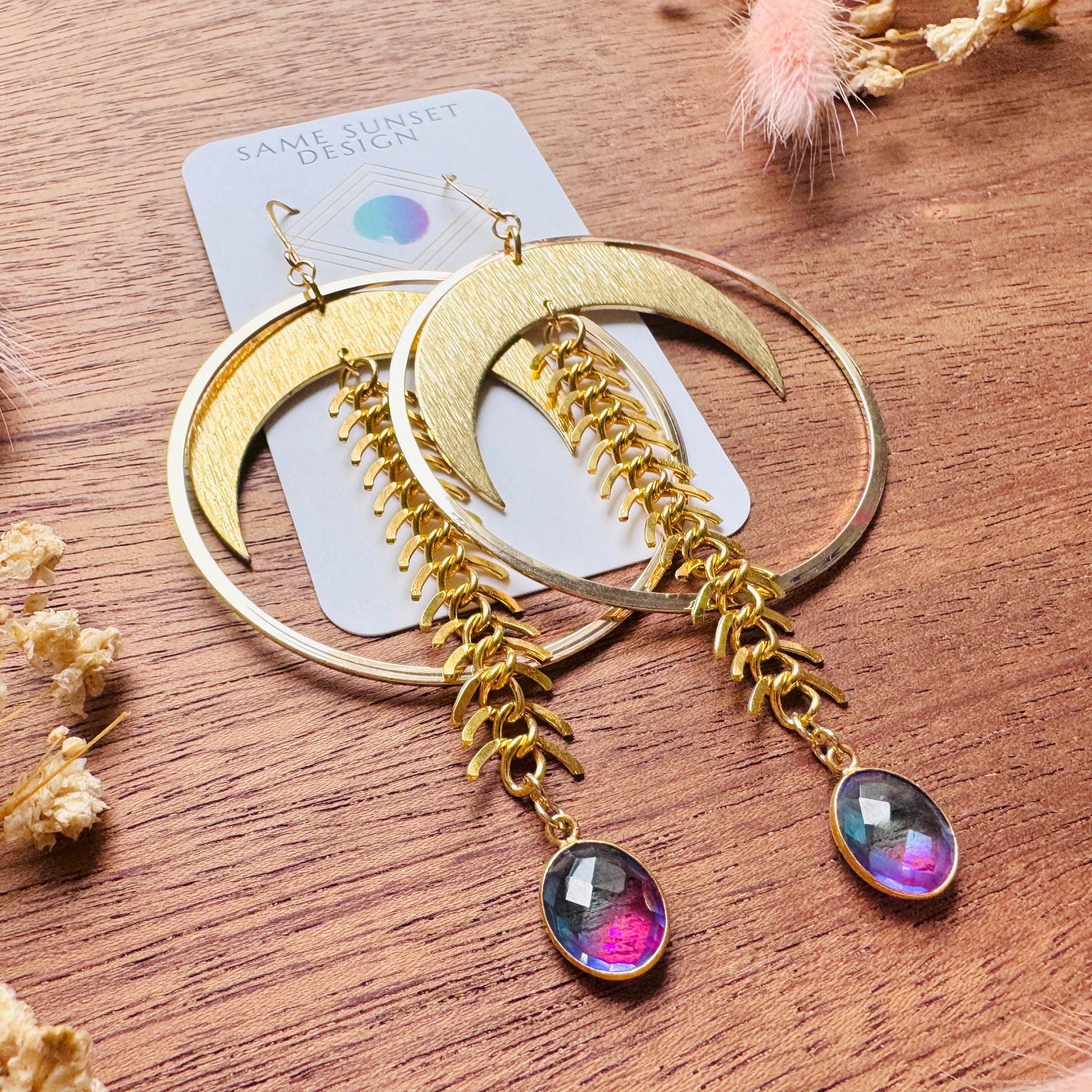Brass Moon Earrings, Quartz Earrings, Big Hoops, Witchy Earrings, Gold Hoop Earrings for Women, Boho Chic Earrings, Witchy Gifts for Her