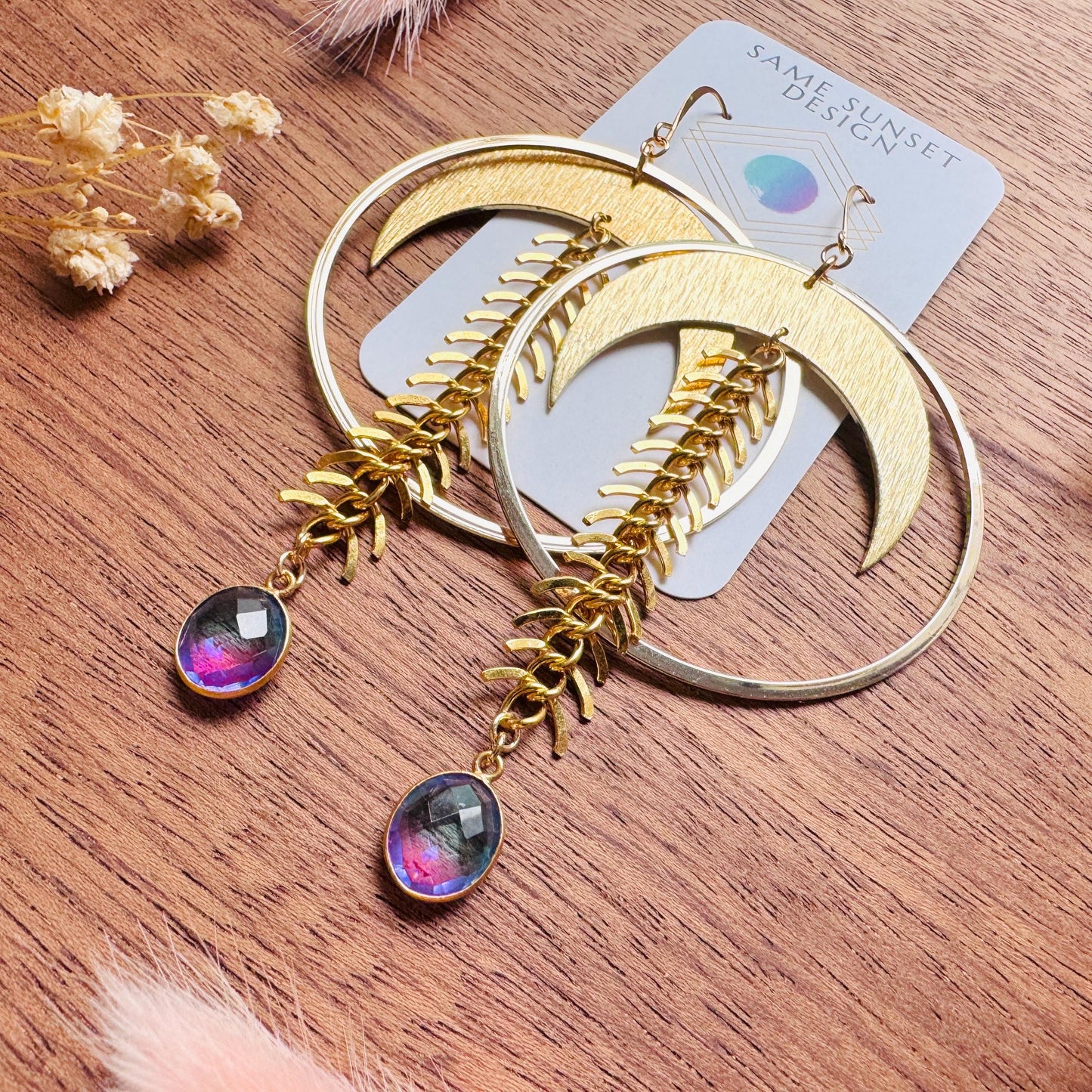 Brass Moon Earrings, Quartz Earrings, Big Hoops, Witchy Earrings, Gold Hoop Earrings for Women, Boho Chic Earrings, Witchy Gifts for Her