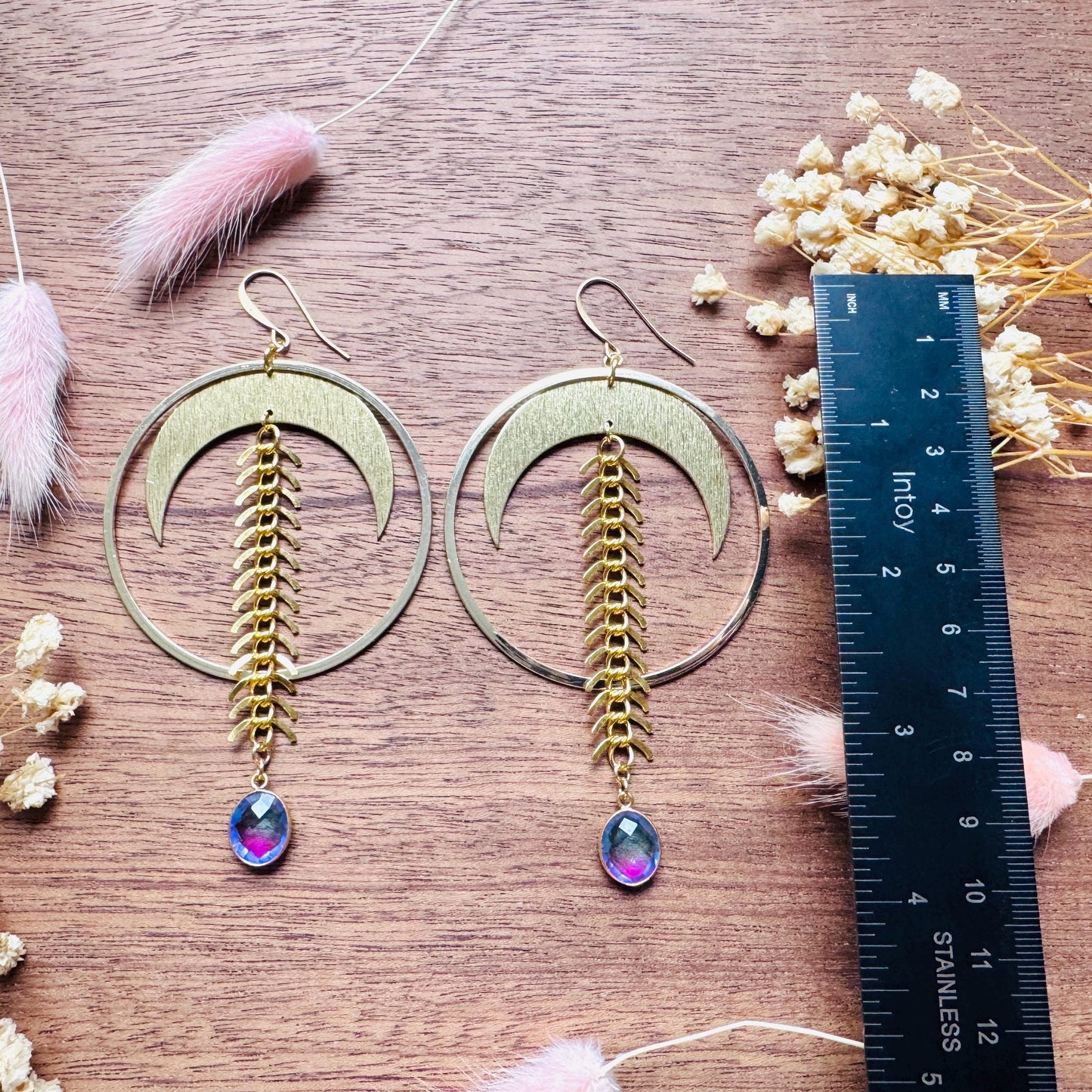 Brass Moon Earrings, Quartz Earrings, Big Hoops, Witchy Earrings, Gold Hoop Earrings for Women, Boho Chic Earrings, Witchy Gifts for Her