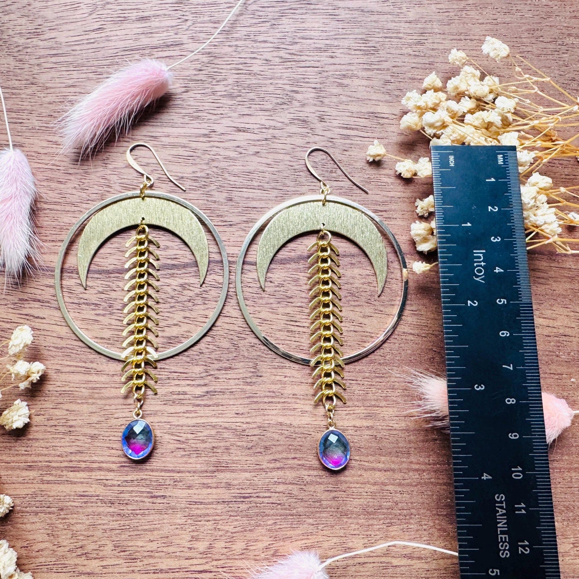 Brass Moon Earrings, Quartz Earrings, Big Hoops, Witchy Earrings, Gold Hoop Earrings for Women, Boho Chic Earrings, Witchy Gifts for Her