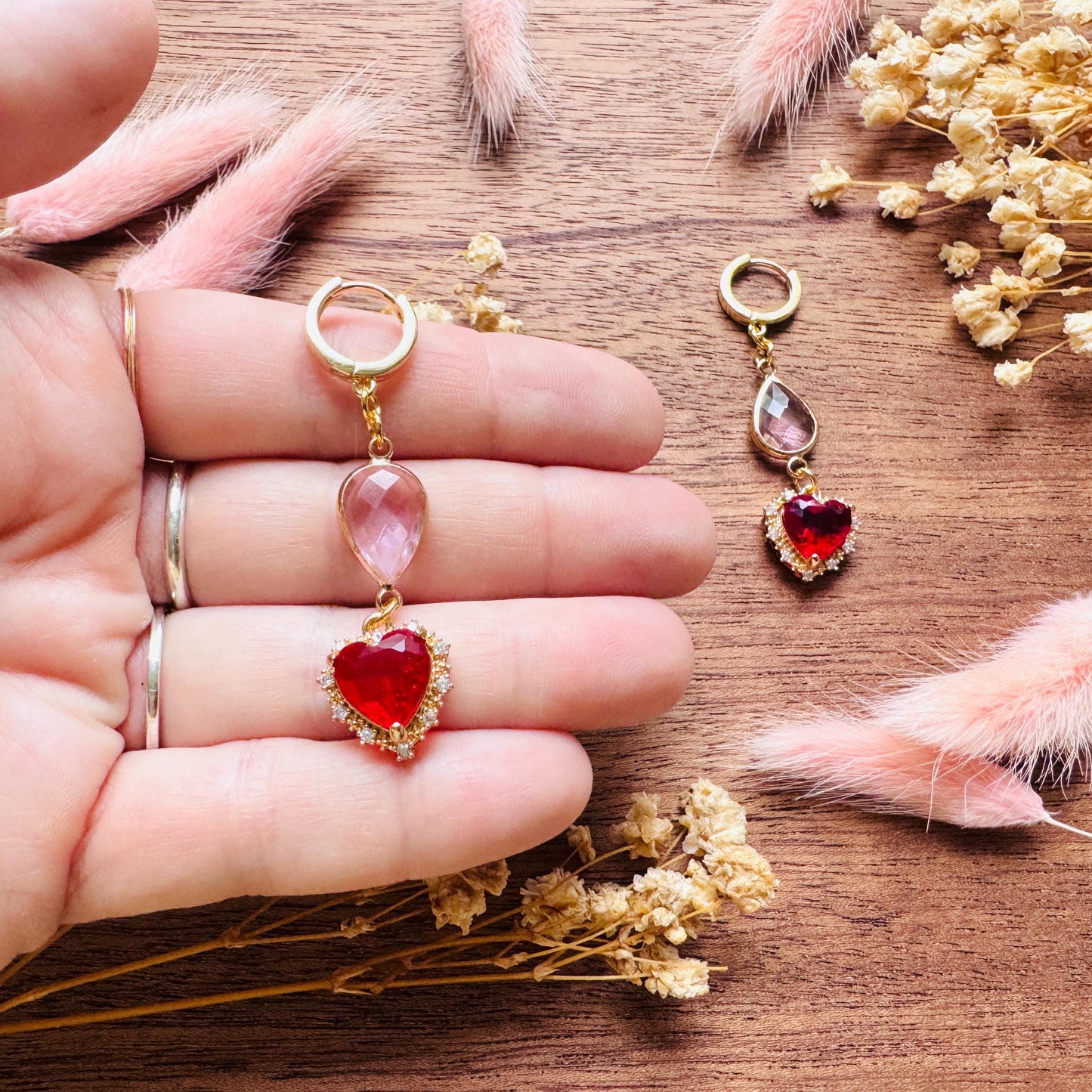 Heart Earrings Gold, Huggie Hoops, Red Earrings, Boho Chic Earrings, Cottagecore Jewelry, Friend Gifts for Birthday, Witchy Gifts for Her
