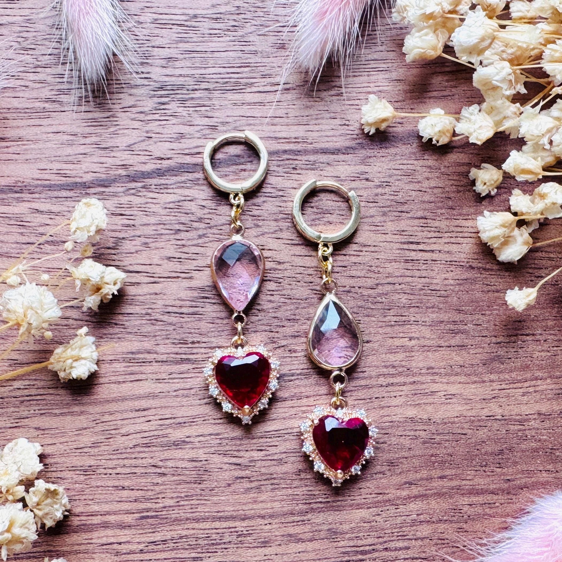 Heart Earrings Gold, Huggie Hoops, Red Earrings, Boho Chic Earrings, Cottagecore Jewelry, Friend Gifts for Birthday, Witchy Gifts for Her