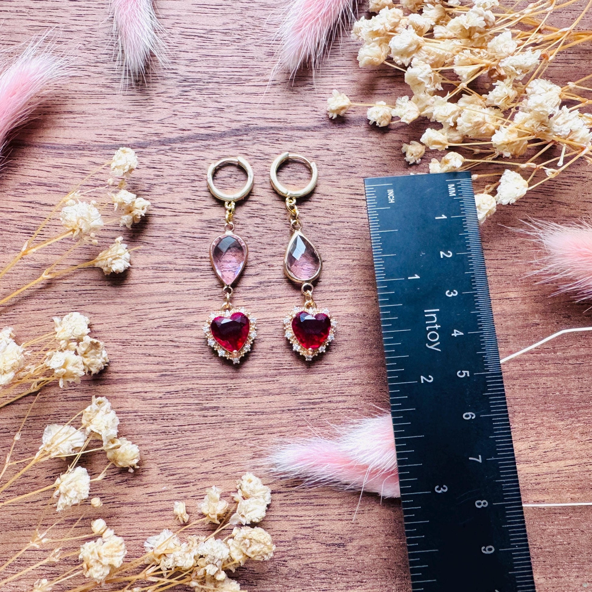 Heart Earrings Gold, Huggie Hoops, Red Earrings, Boho Chic Earrings, Cottagecore Jewelry, Friend Gifts for Birthday, Witchy Gifts for Her