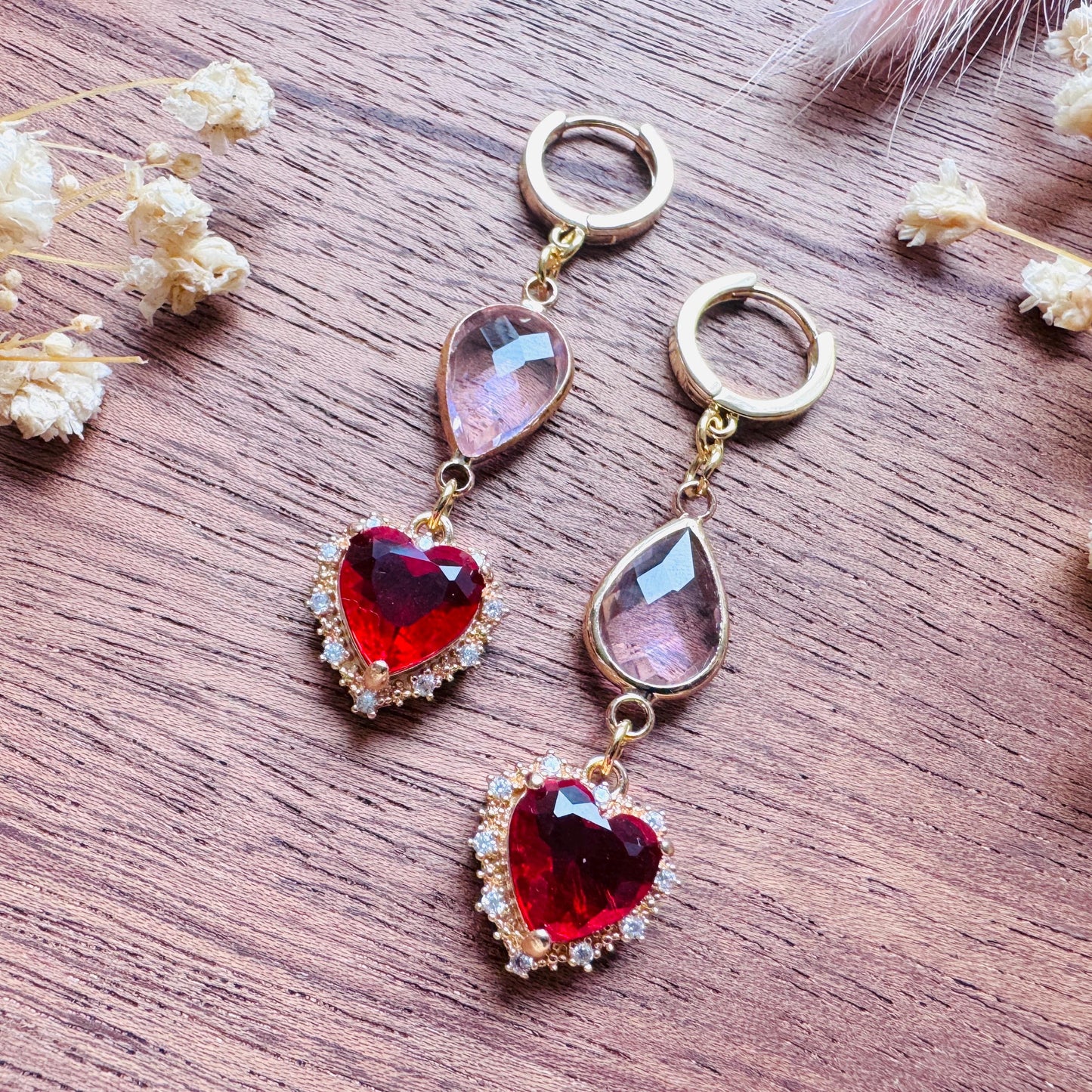 Heart Earrings Gold, Huggie Hoops, Red Earrings, Boho Chic Earrings, Cottagecore Jewelry, Friend Gifts for Birthday, Witchy Gifts for Her