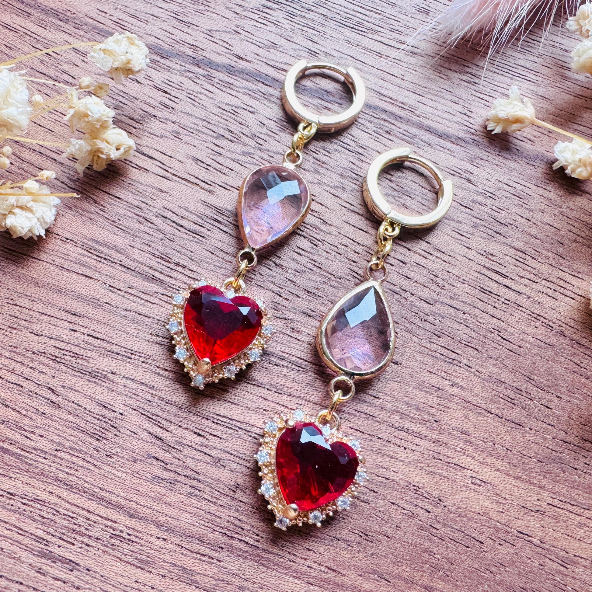 Heart Earrings Gold, Huggie Hoops, Red Earrings, Boho Chic Earrings, Cottagecore Jewelry, Friend Gifts for Birthday, Witchy Gifts for Her