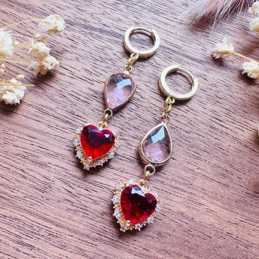 Heart Earrings Gold, Huggie Hoops, Red Earrings, Boho Chic Earrings, Cottagecore Jewelry, Friend Gifts for Birthday, Witchy Gifts for Her