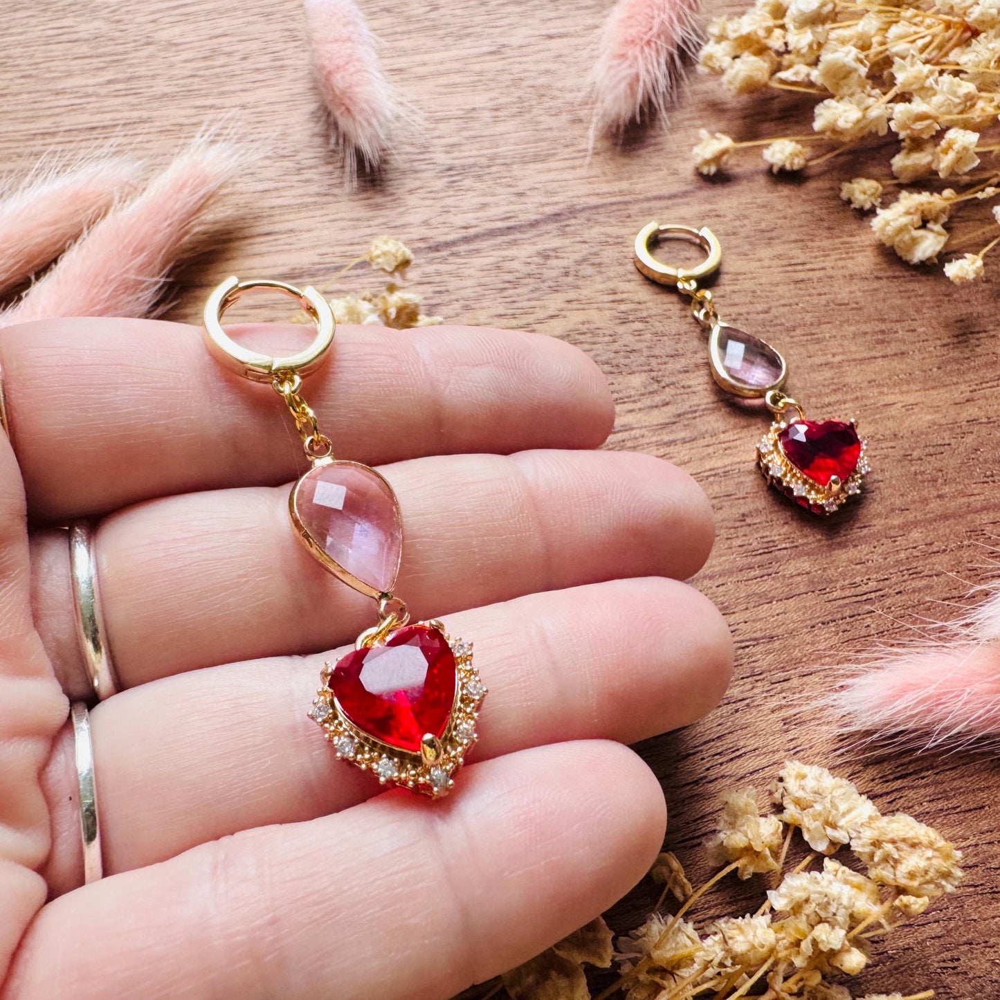 Heart Earrings Gold, Huggie Hoops, Red Earrings, Boho Chic Earrings, Cottagecore Jewelry, Friend Gifts for Birthday, Witchy Gifts for Her