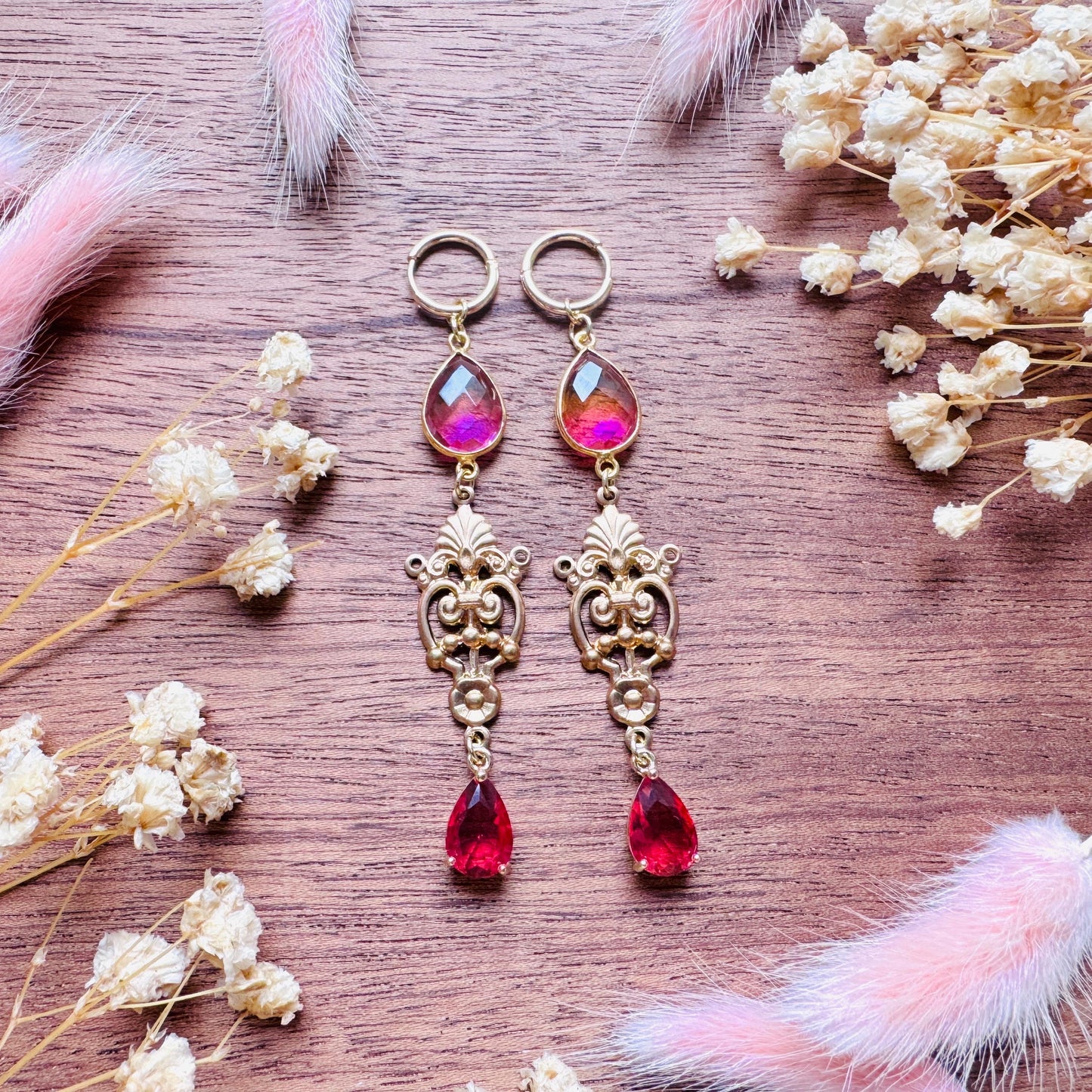 Quartz Earrings, Huggie Hoops, Red Earrings, Vintage Style Earrings, Boho Chic Earrings, Cottagecore Jewelry, Witchy Gifts for Her, Brass