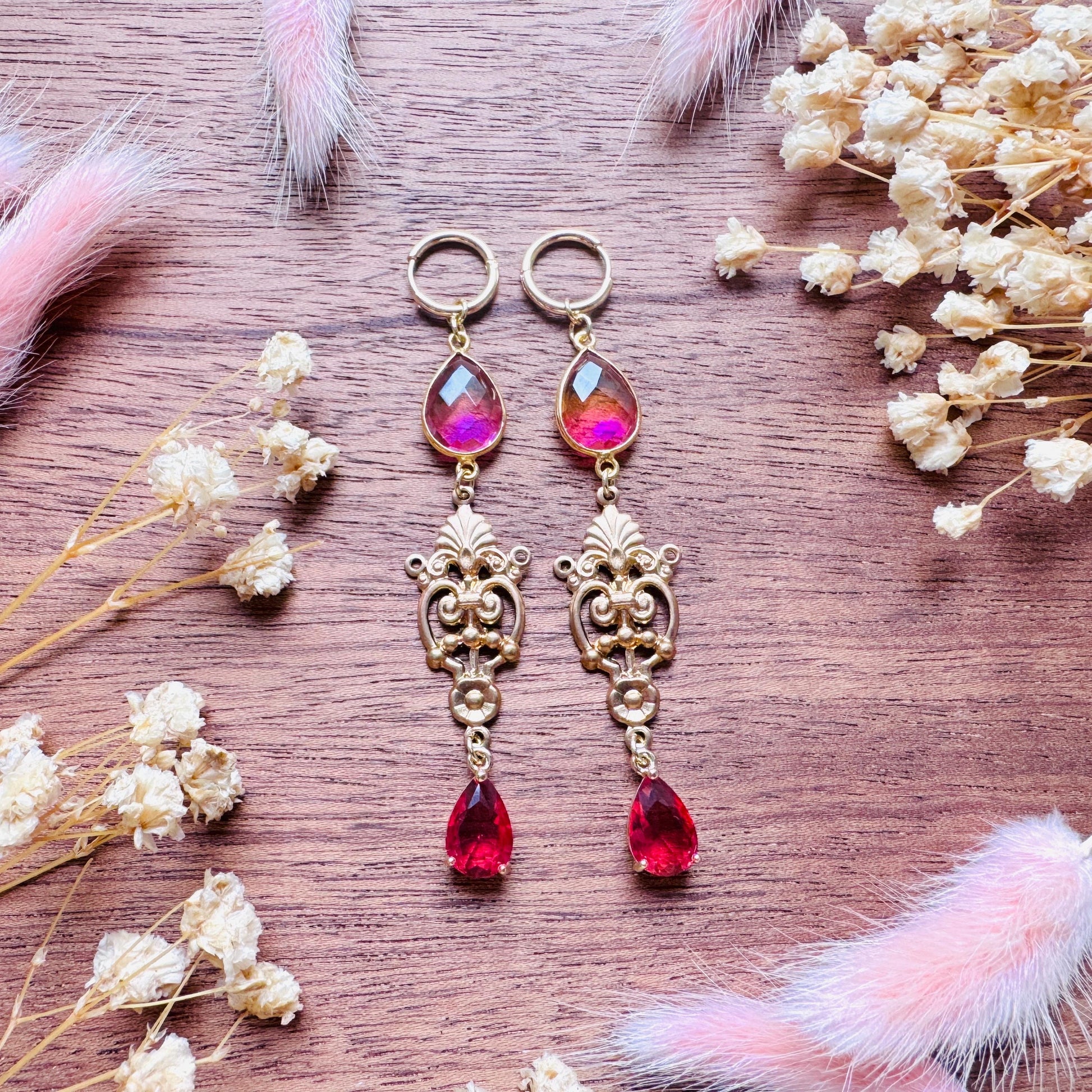 Quartz Earrings, Huggie Hoops, Red Earrings, Vintage Style Earrings, Boho Chic Earrings, Cottagecore Jewelry, Witchy Gifts for Her, Brass