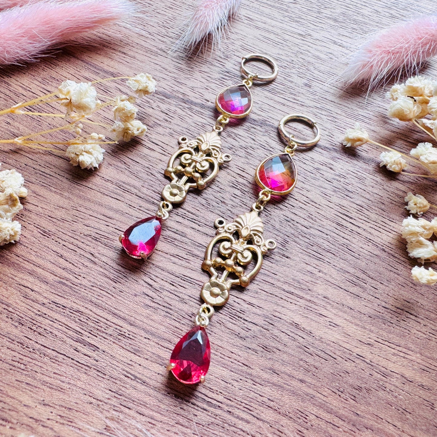 Quartz Earrings, Huggie Hoops, Red Earrings, Vintage Style Earrings, Boho Chic Earrings, Cottagecore Jewelry, Witchy Gifts for Her, Brass