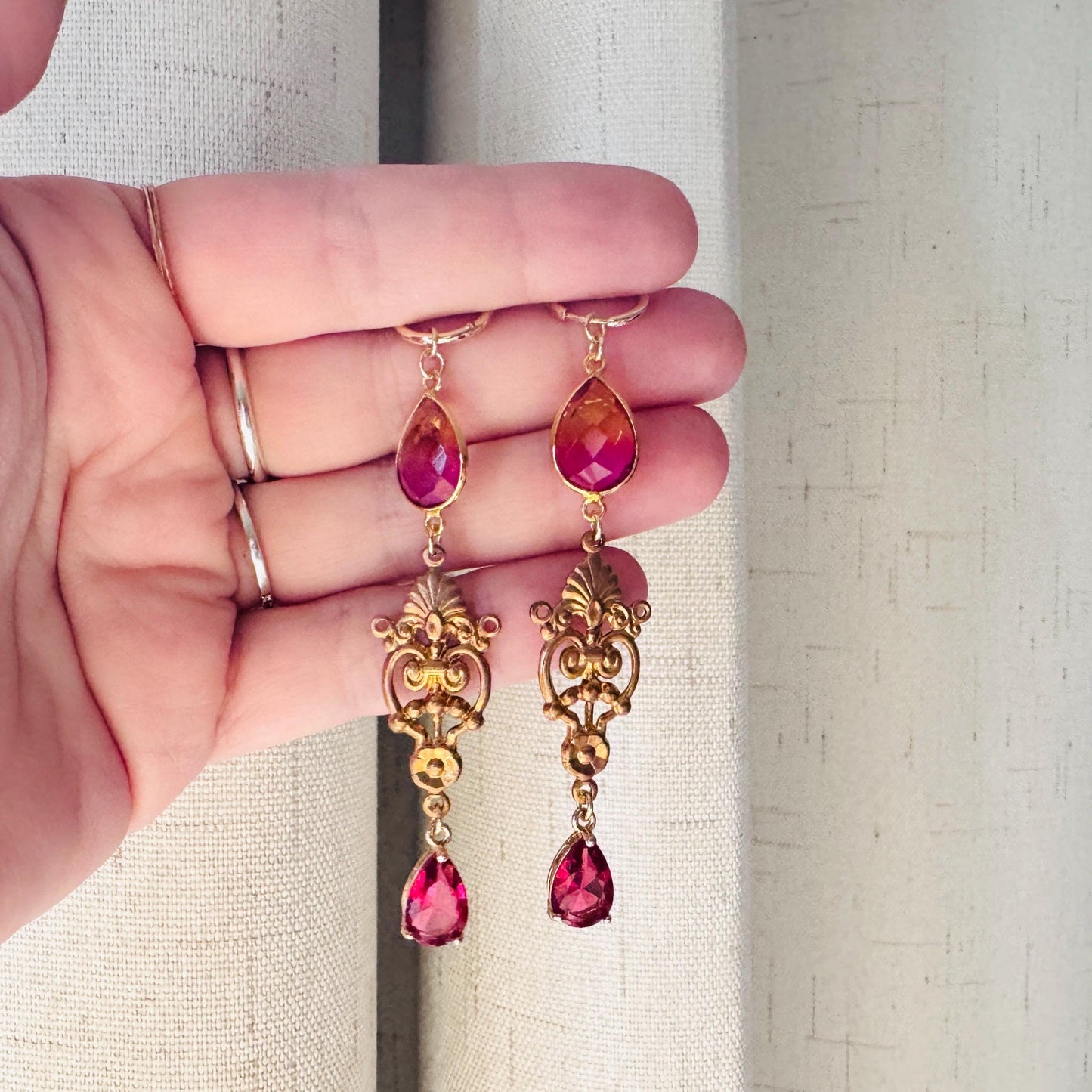 Quartz Earrings, Huggie Hoops, Red Earrings, Vintage Style Earrings, Boho Chic Earrings, Cottagecore Jewelry, Witchy Gifts for Her, Brass