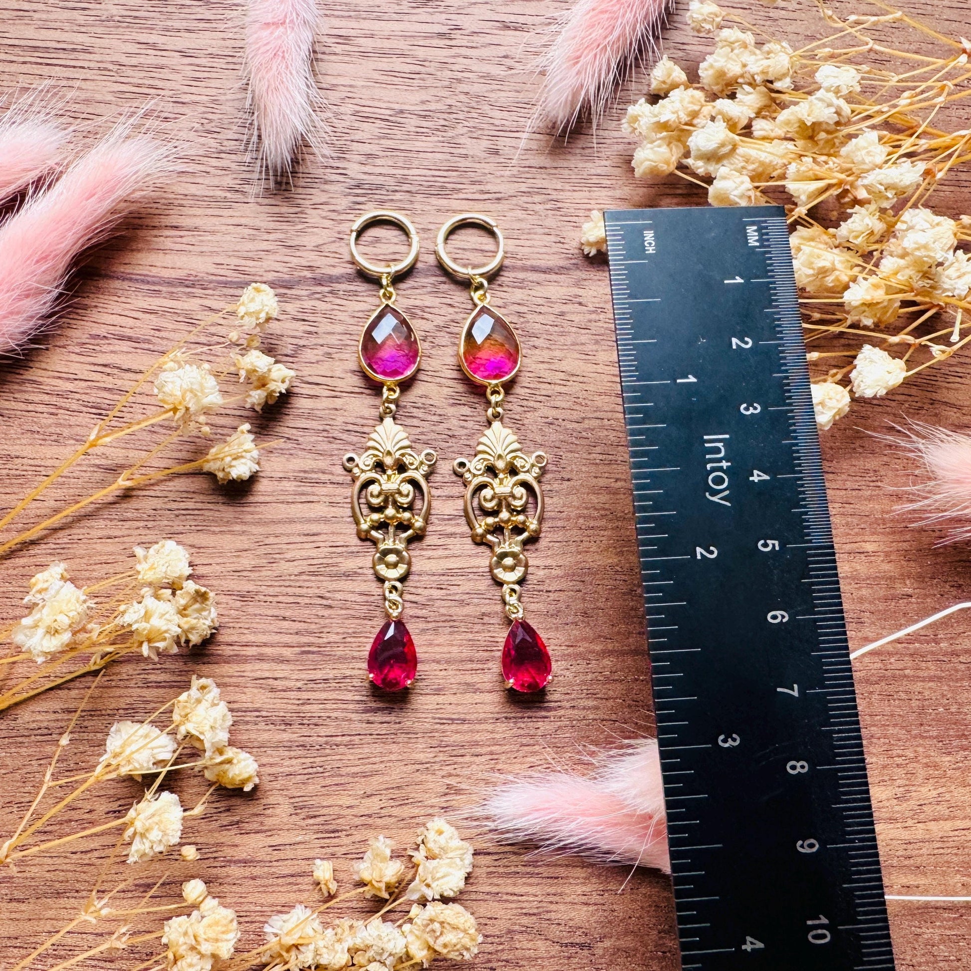 Quartz Earrings, Huggie Hoops, Red Earrings, Vintage Style Earrings, Boho Chic Earrings, Cottagecore Jewelry, Witchy Gifts for Her, Brass