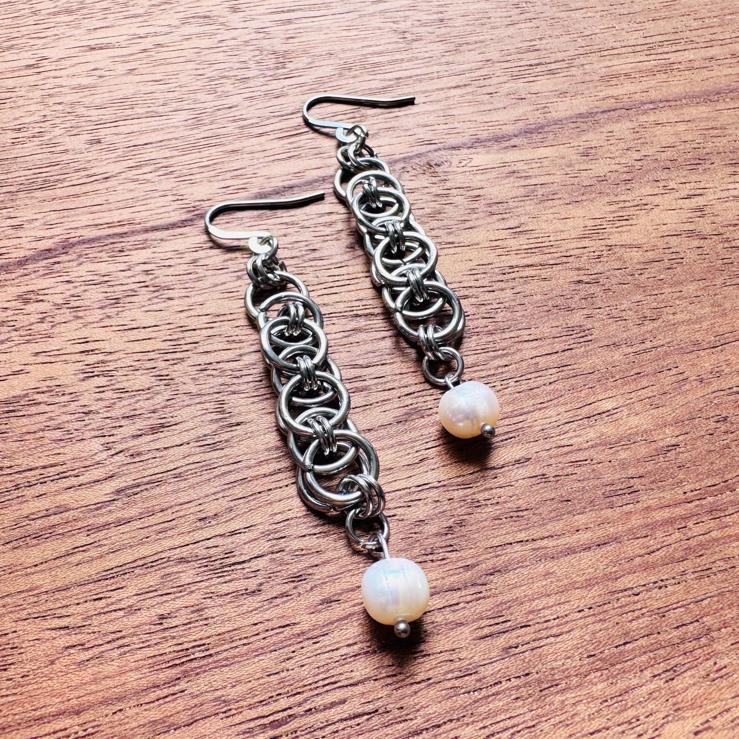 Chainmail Earrings Stainless Steel, Pearls, Goth Earrings, Punk Earrings, Gothic Earrings Men, Witchy Gifts for Her, Goth Girl Gifts,