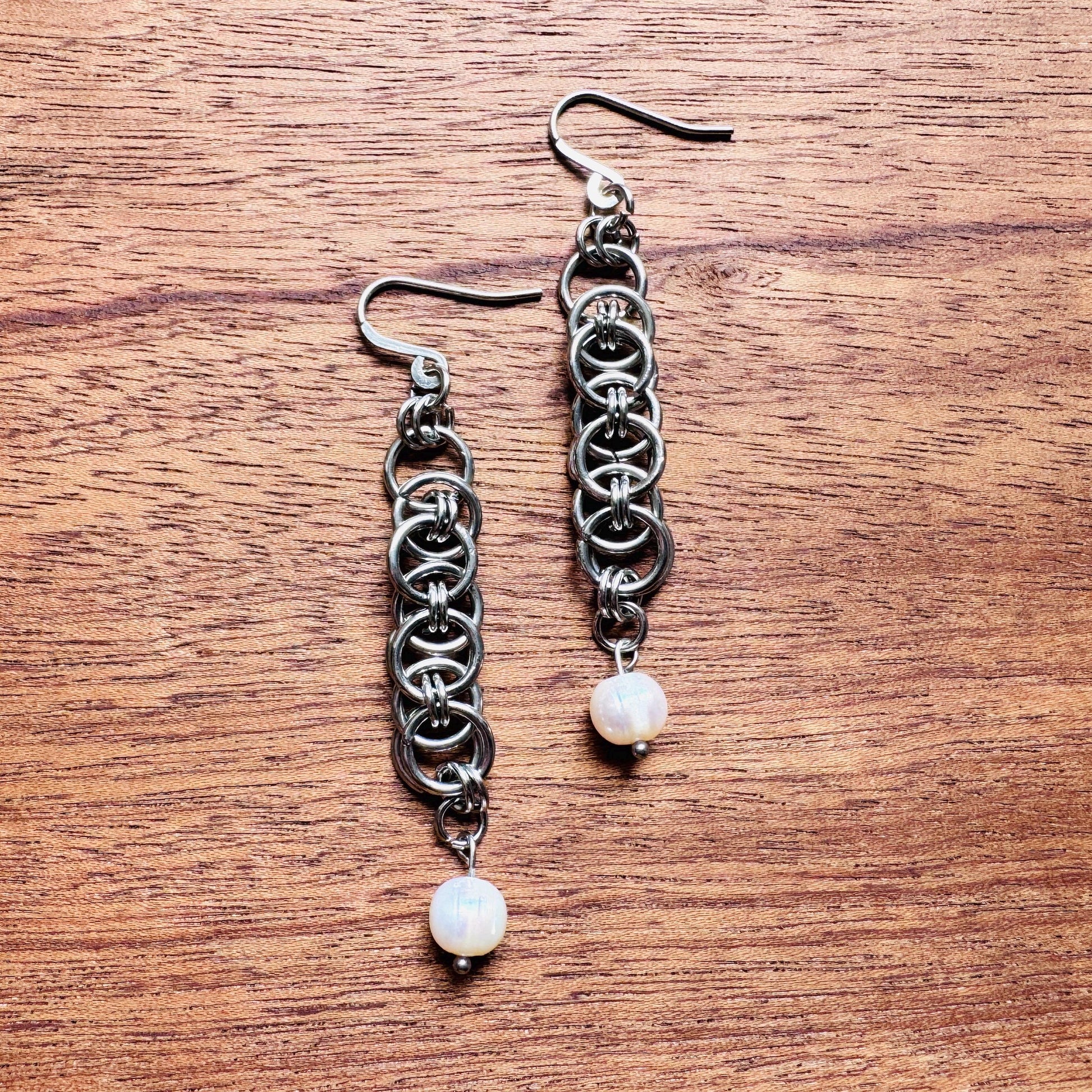 Chainmail Earrings Stainless Steel, Pearls, Goth Earrings, Punk Earrings, Gothic Earrings Men, Witchy Gifts for Her, Goth Girl Gifts,