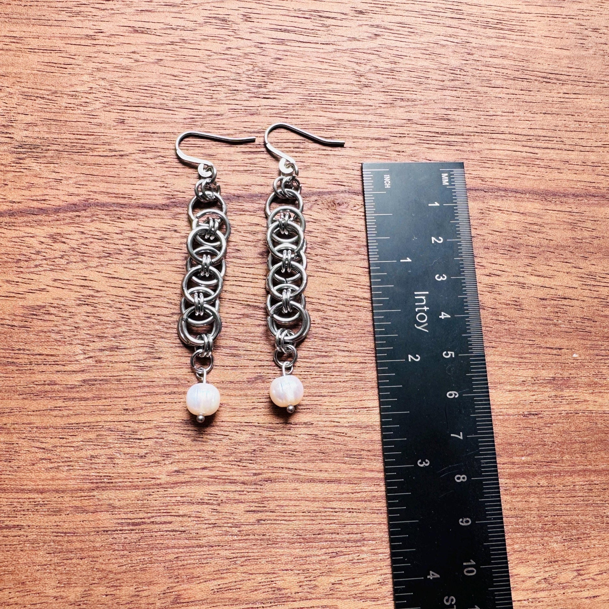 Chainmail Earrings Stainless Steel, Pearls, Goth Earrings, Punk Earrings, Gothic Earrings Men, Witchy Gifts for Her, Goth Girl Gifts,