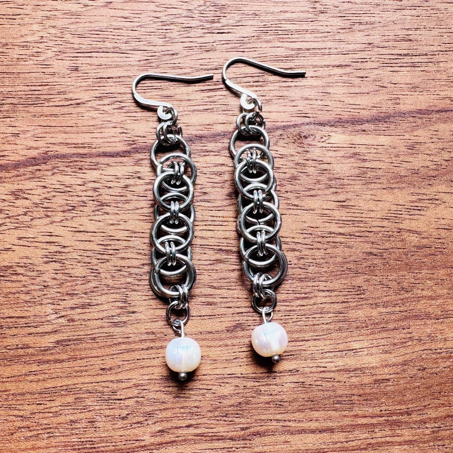 Chainmail Earrings Stainless Steel, Pearls, Goth Earrings, Punk Earrings, Gothic Earrings Men, Witchy Gifts for Her, Goth Girl Gifts,