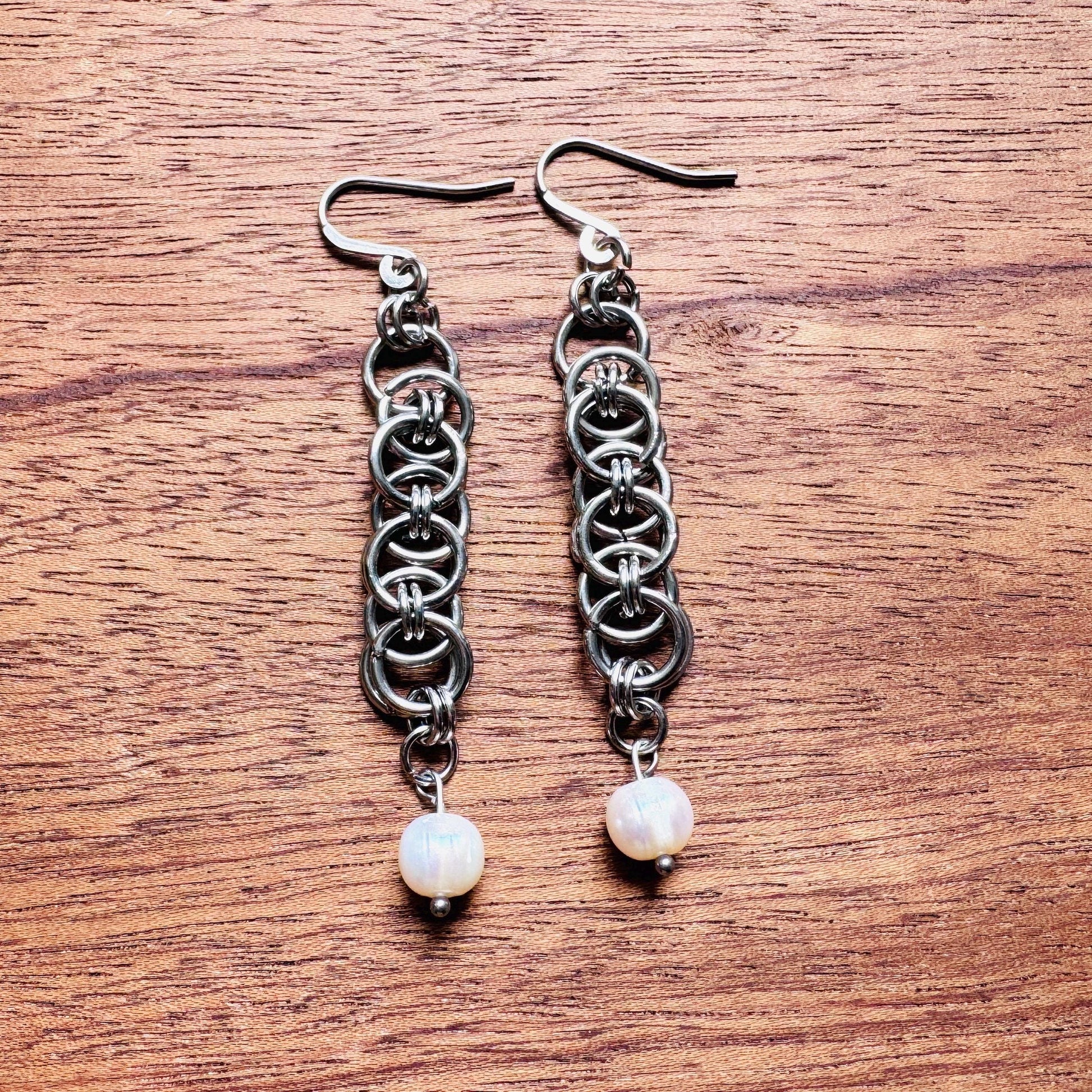 Chainmail Earrings Stainless Steel, Pearls, Goth Earrings, Punk Earrings, Gothic Earrings Men, Witchy Gifts for Her, Goth Girl Gifts,
