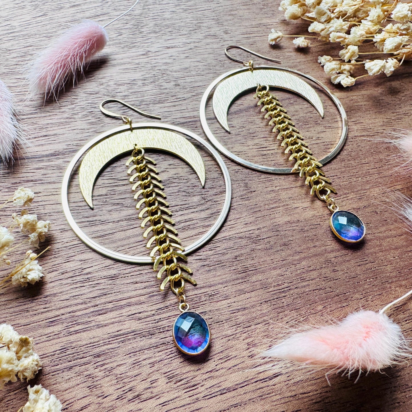 Brass Moon Earrings, Quartz Earrings, Big Hoops, Witchy Earrings, Gold Hoop Earrings for Women, Boho Chic Earrings, Witchy Gifts for Her