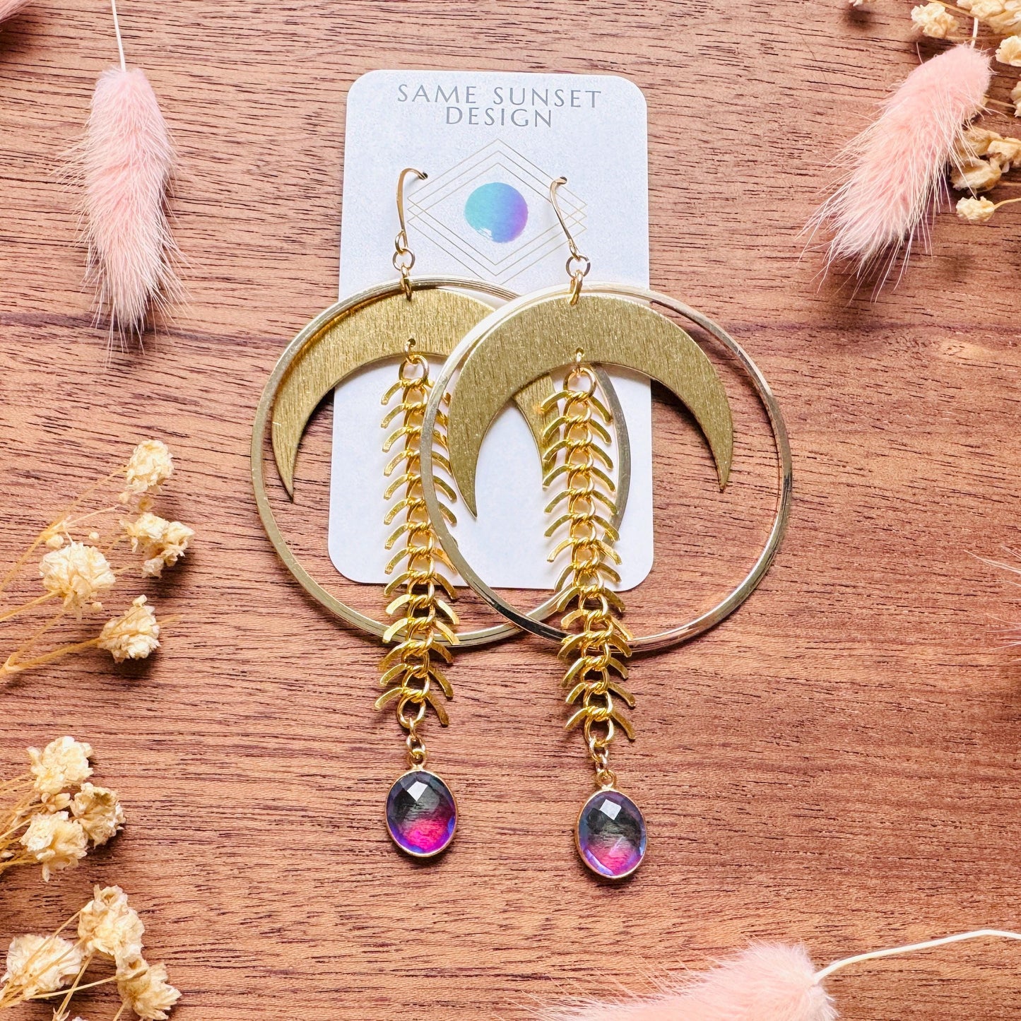 Brass Moon Earrings, Quartz Earrings, Big Hoops, Witchy Earrings, Gold Hoop Earrings for Women, Boho Chic Earrings, Witchy Gifts for Her