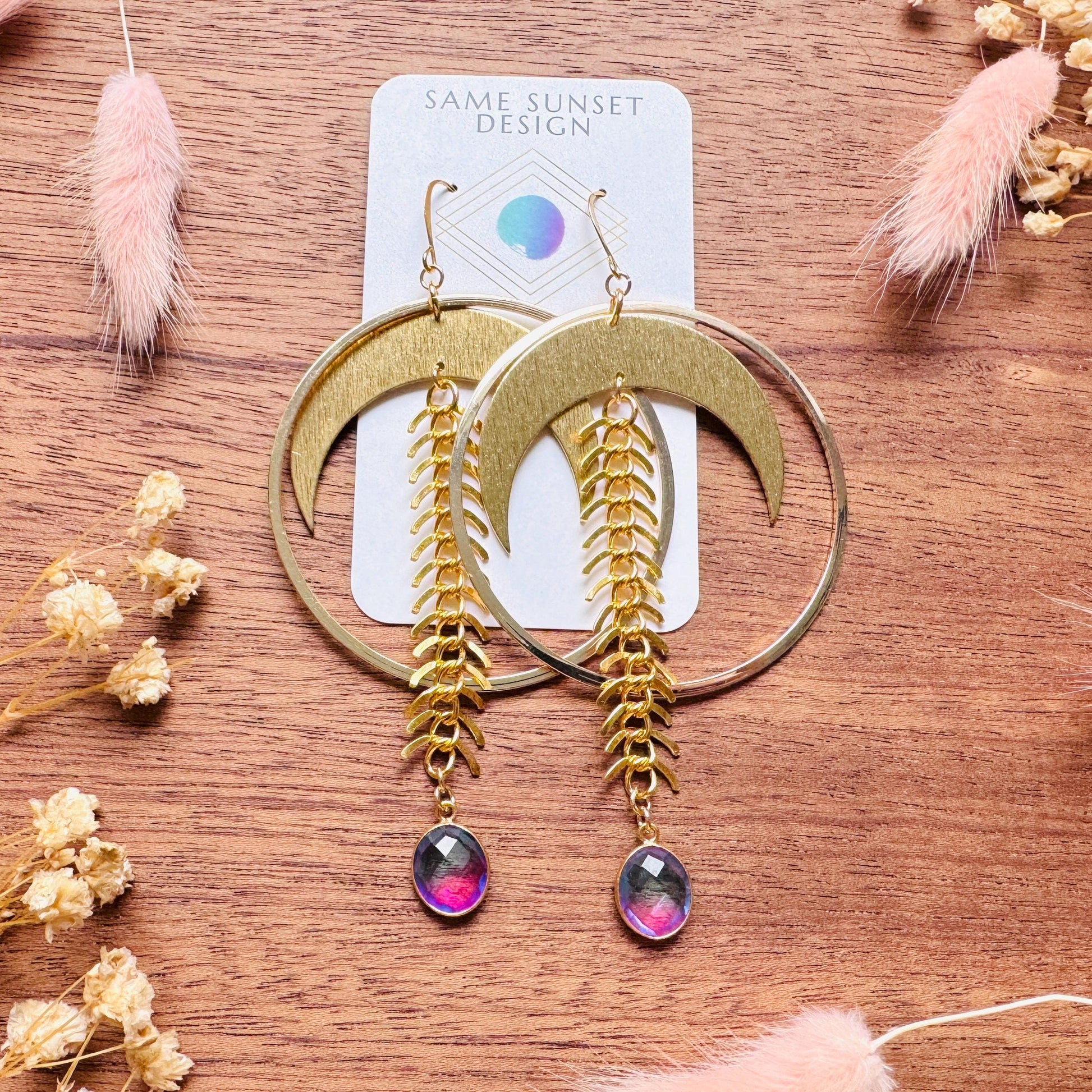 Brass Moon Earrings, Quartz Earrings, Big Hoops, Witchy Earrings, Gold Hoop Earrings for Women, Boho Chic Earrings, Witchy Gifts for Her