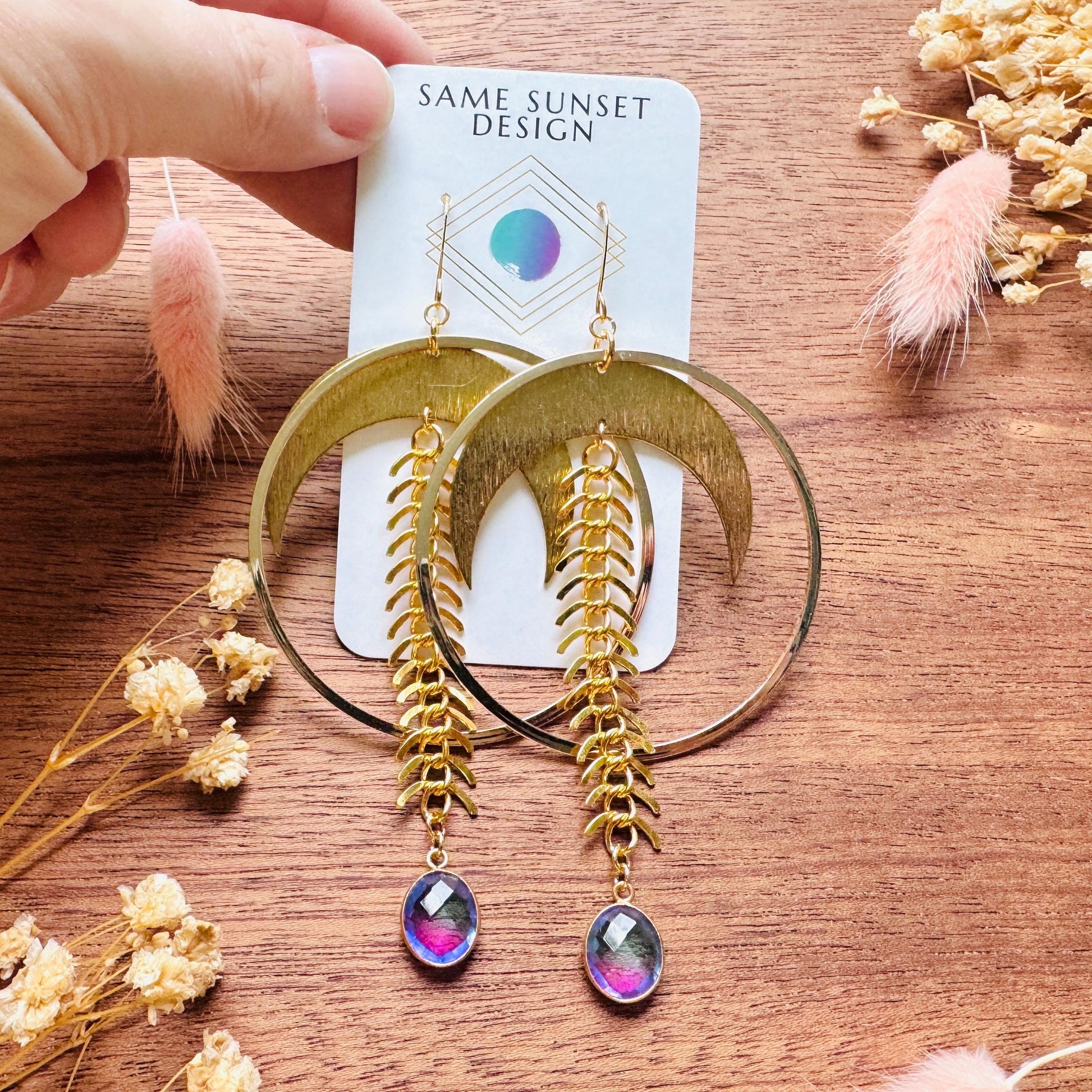 Brass Moon Earrings, Quartz Earrings, Big Hoops, Witchy Earrings, Gold Hoop Earrings for Women, Boho Chic Earrings, Witchy Gifts for Her