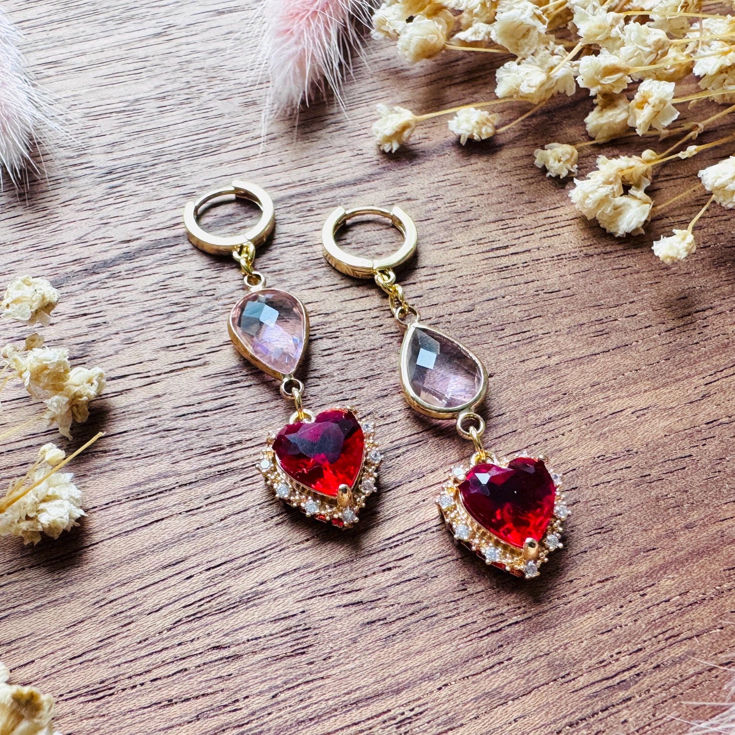 Heart Earrings Gold, Huggie Hoops, Red Earrings, Boho Chic Earrings, Cottagecore Jewelry, Friend Gifts for Birthday, Witchy Gifts for Her
