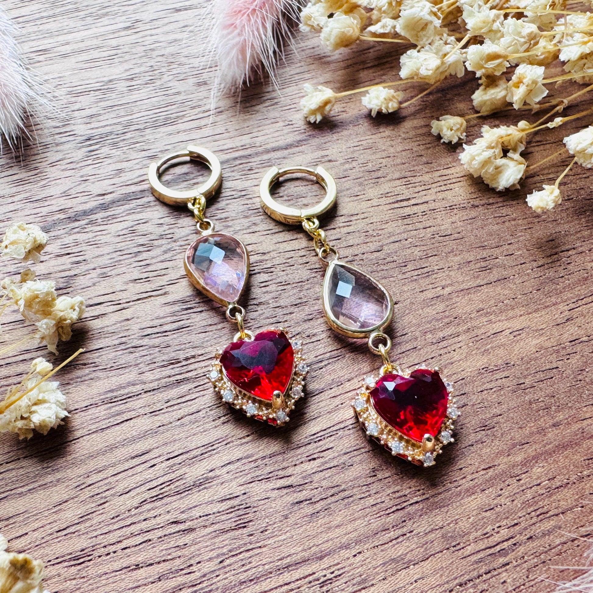 Heart Earrings Gold, Huggie Hoops, Red Earrings, Boho Chic Earrings, Cottagecore Jewelry, Friend Gifts for Birthday, Witchy Gifts for Her
