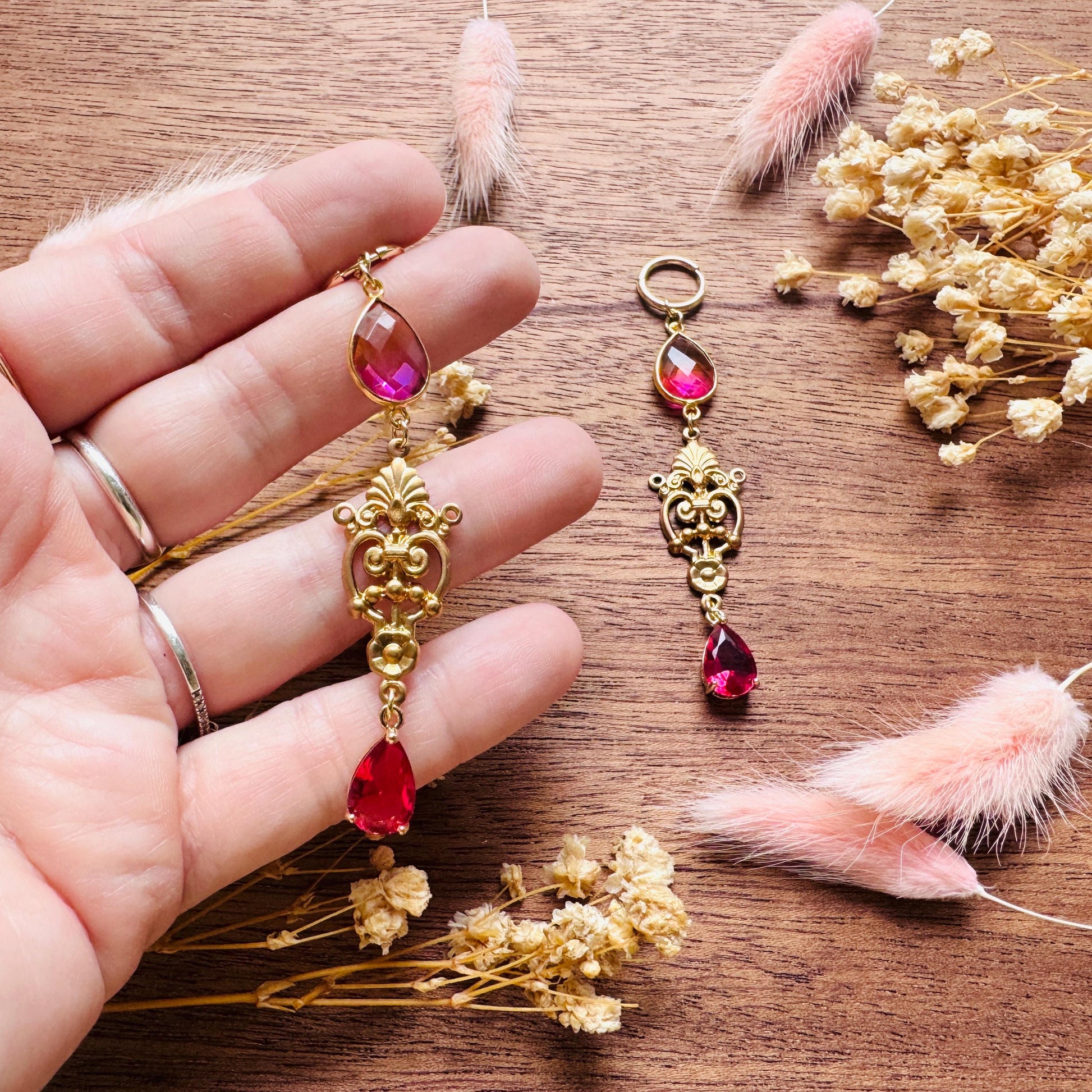Quartz Earrings, Huggie Hoops, Red Earrings, Vintage Style Earrings, Boho Chic Earrings, Cottagecore Jewelry, Witchy Gifts for Her, Brass