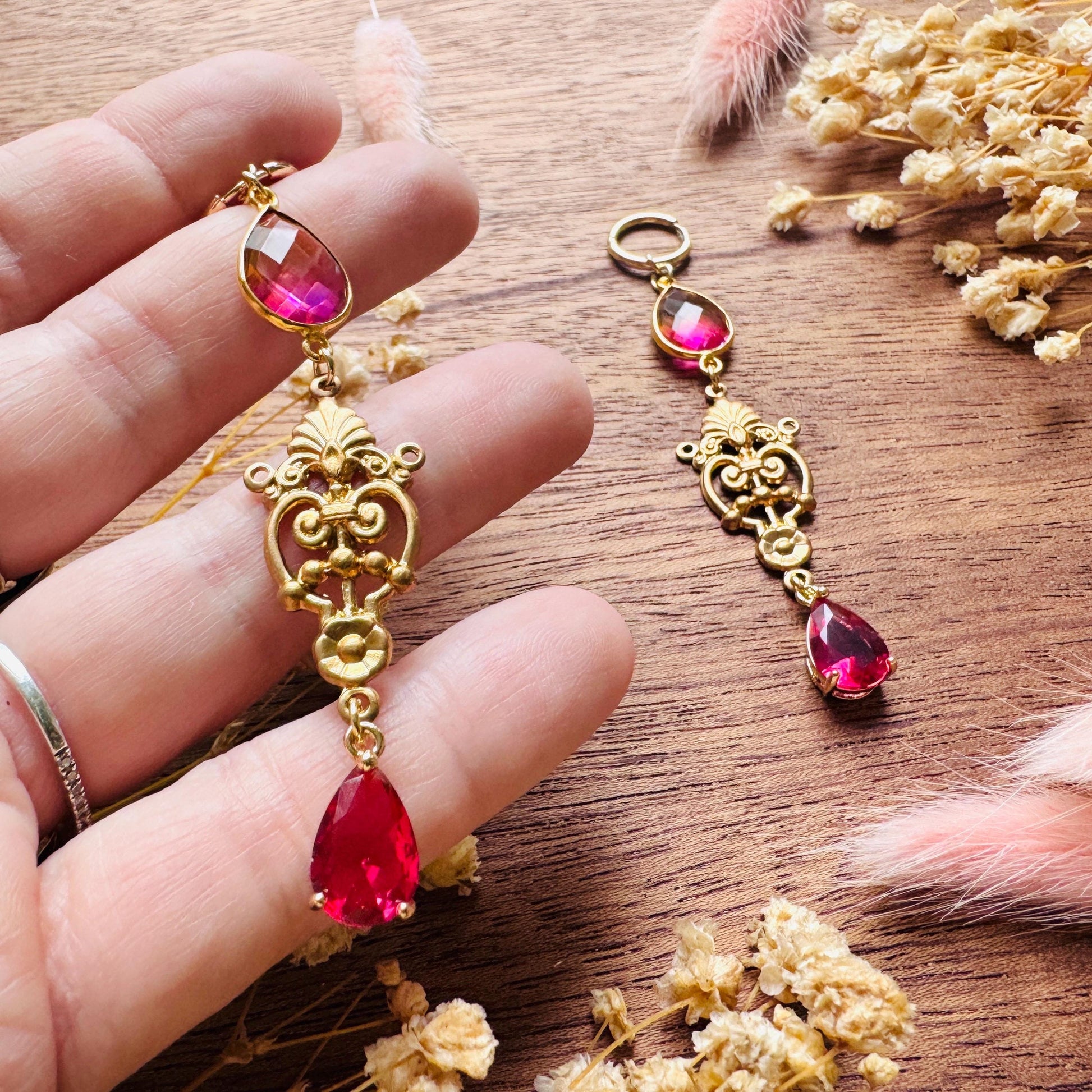 Quartz Earrings, Huggie Hoops, Red Earrings, Vintage Style Earrings, Boho Chic Earrings, Cottagecore Jewelry, Witchy Gifts for Her, Brass