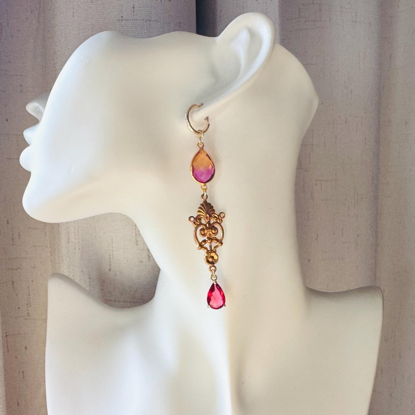 Quartz Earrings, Huggie Hoops, Red Earrings, Vintage Style Earrings, Boho Chic Earrings, Cottagecore Jewelry, Witchy Gifts for Her, Brass