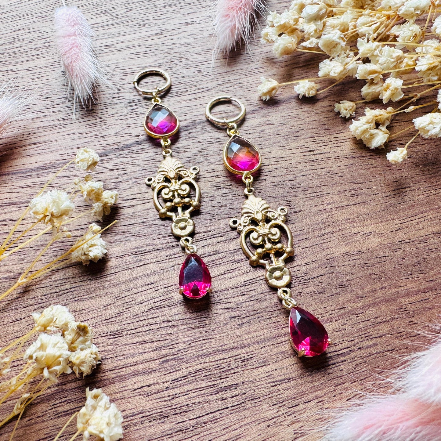 Quartz Earrings, Huggie Hoops, Red Earrings, Vintage Style Earrings, Boho Chic Earrings, Cottagecore Jewelry, Witchy Gifts for Her, Brass